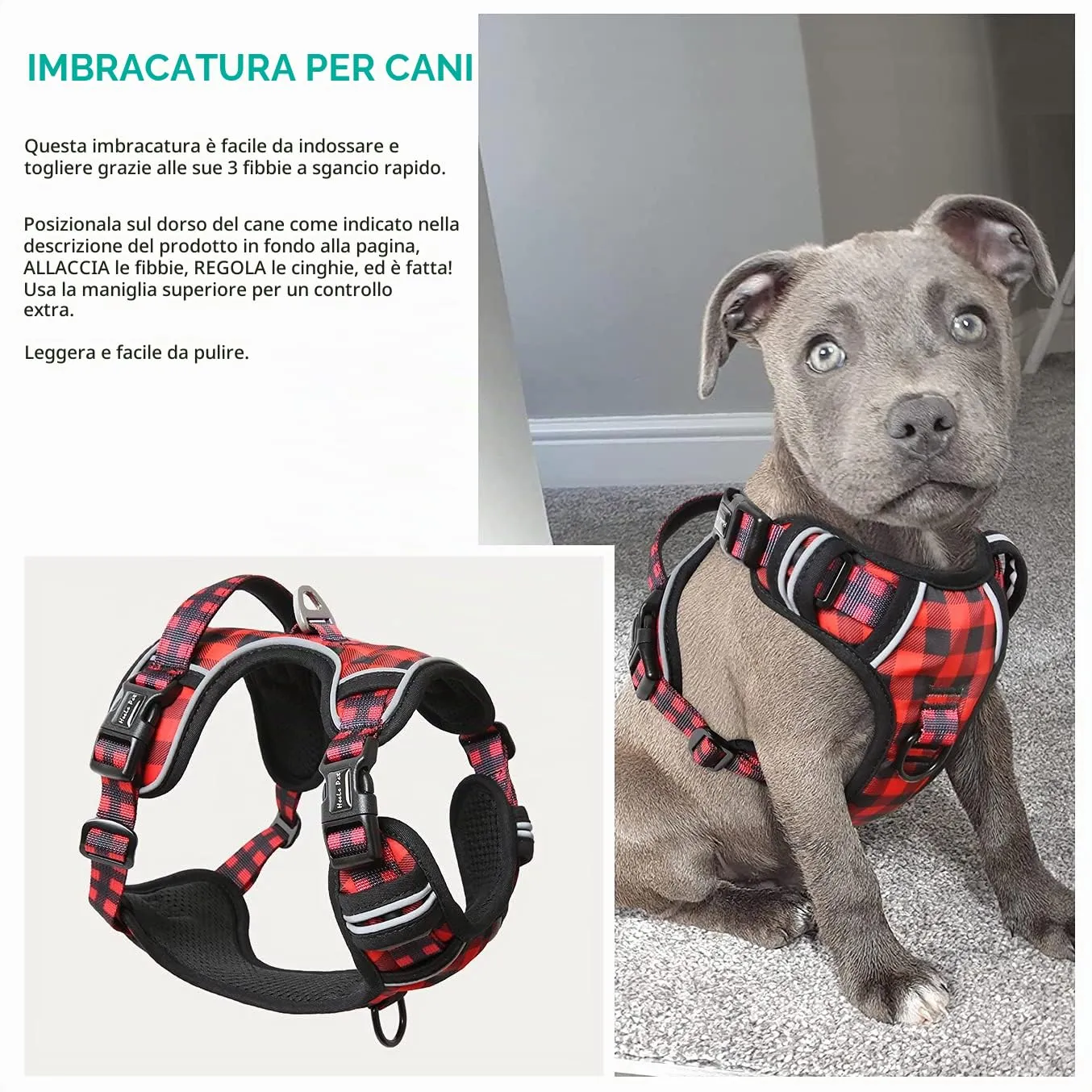 HEELE Pettorina Cane Anti-tiro Riflettente e Regolabile con Maniglia, Rosso-Nero S - immagine 6
