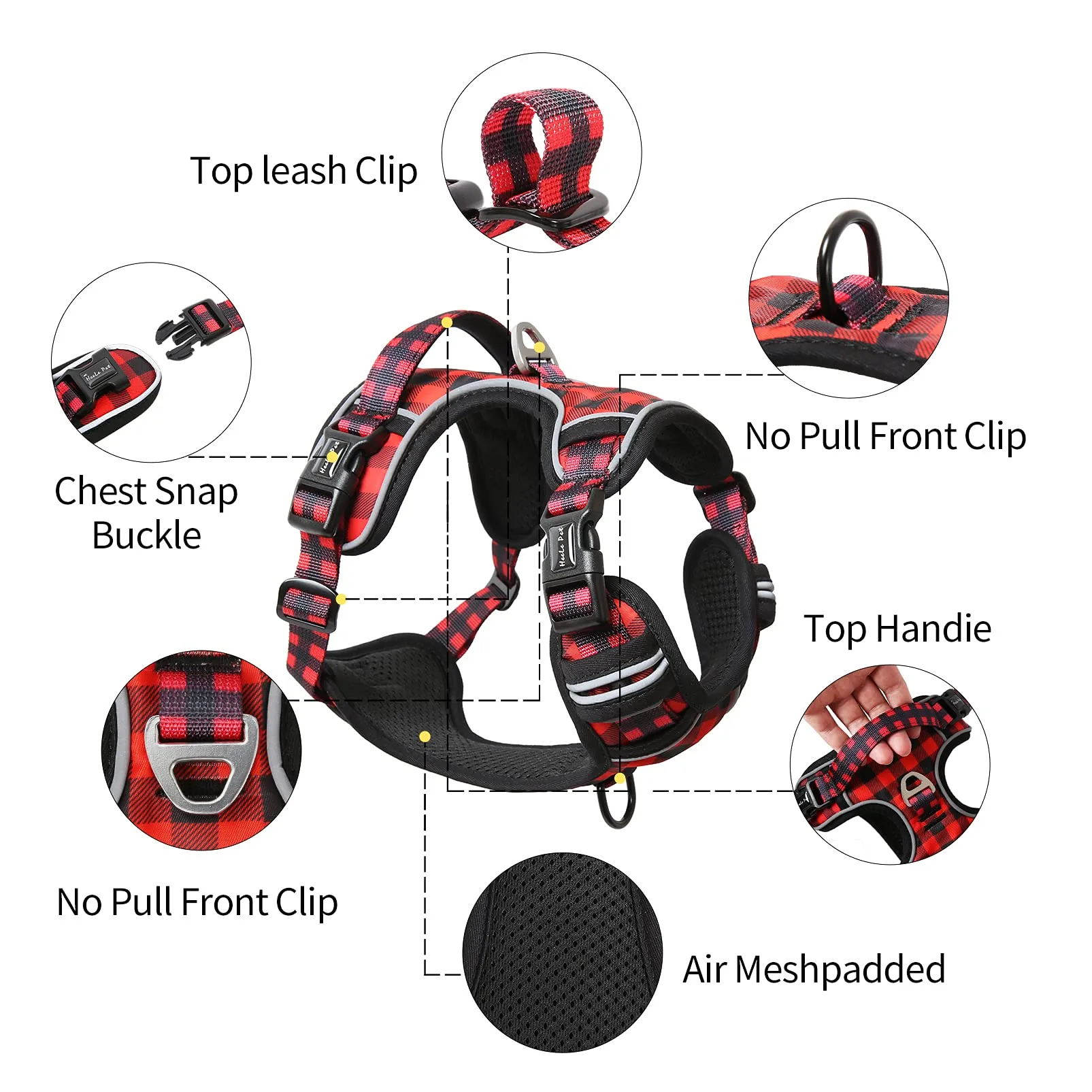 HEELE Imbracatura per Cani Anti-tiro Riflettente e Regolabile, Sgancio Rapido dal Collo, Imbottita con Maniglia, Rosso-Nero XL - immagine 2
