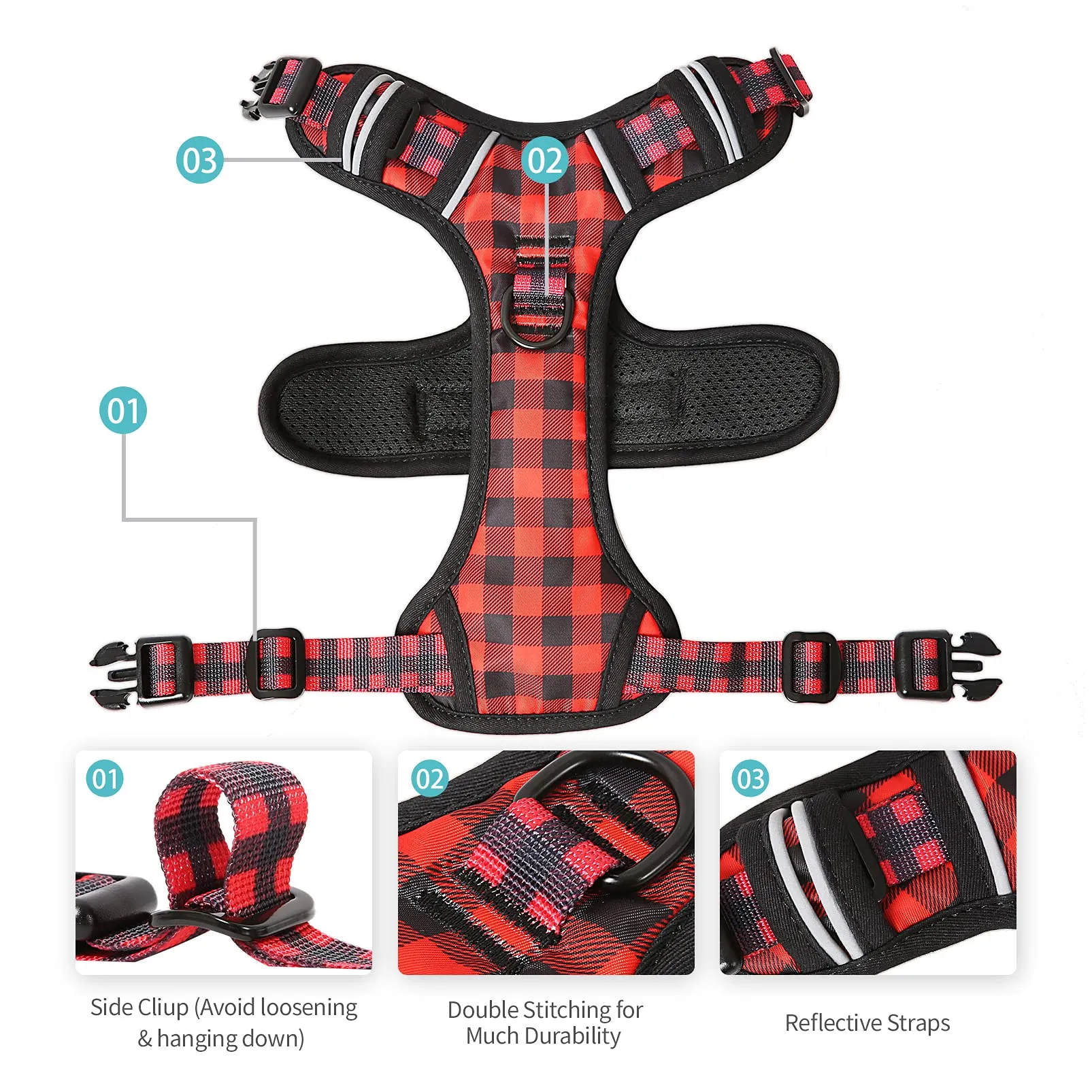 HEELE Imbracatura per Cani Anti-tiro Riflettente e Regolabile, Sgancio Rapido dal Collo, Imbottita con Maniglia, Rosso-Nero XL - immagine 3