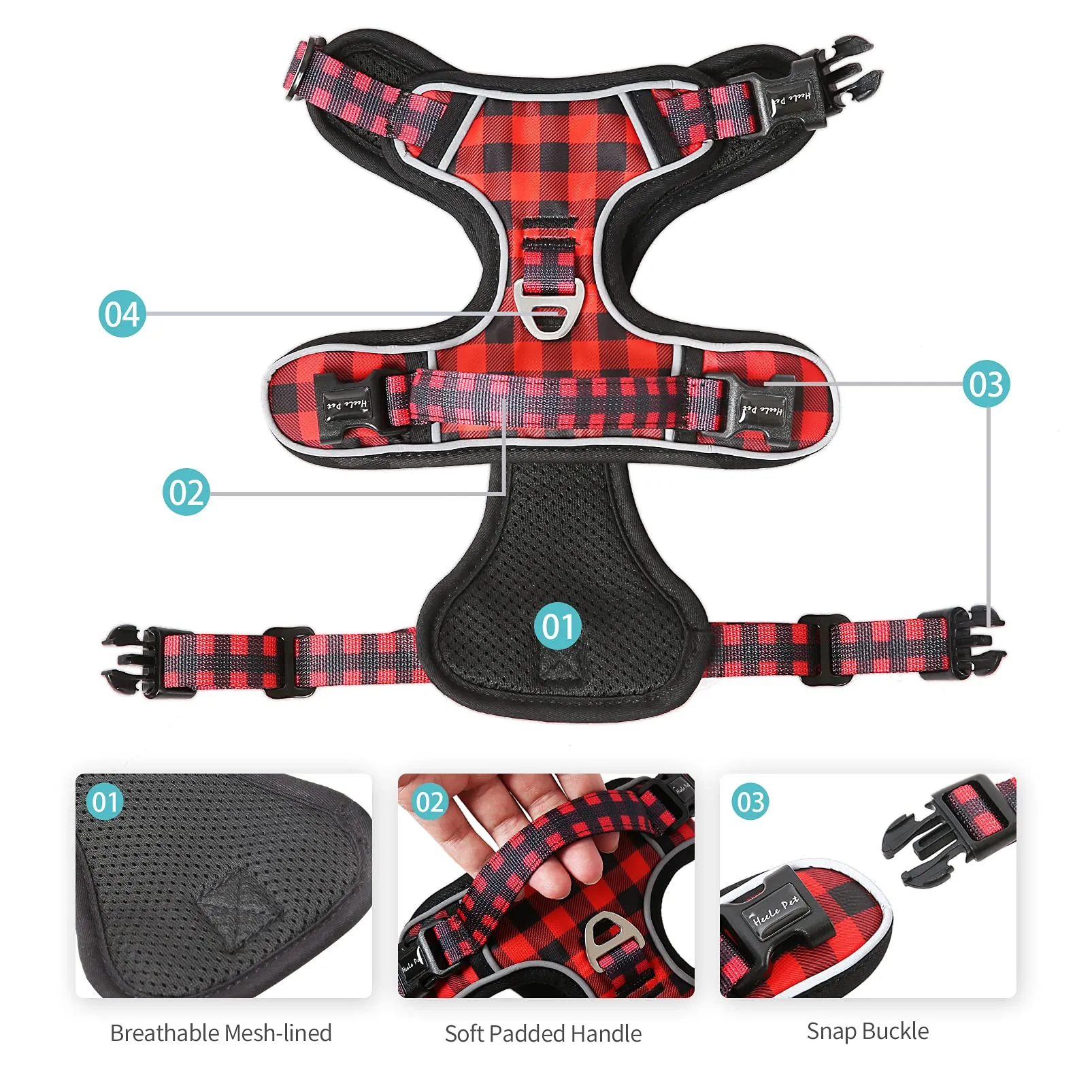 HEELE Imbracatura per Cani Anti-tiro Riflettente e Regolabile, Sgancio Rapido dal Collo, Imbottita con Maniglia, Rosso-Nero XL - immagine 4