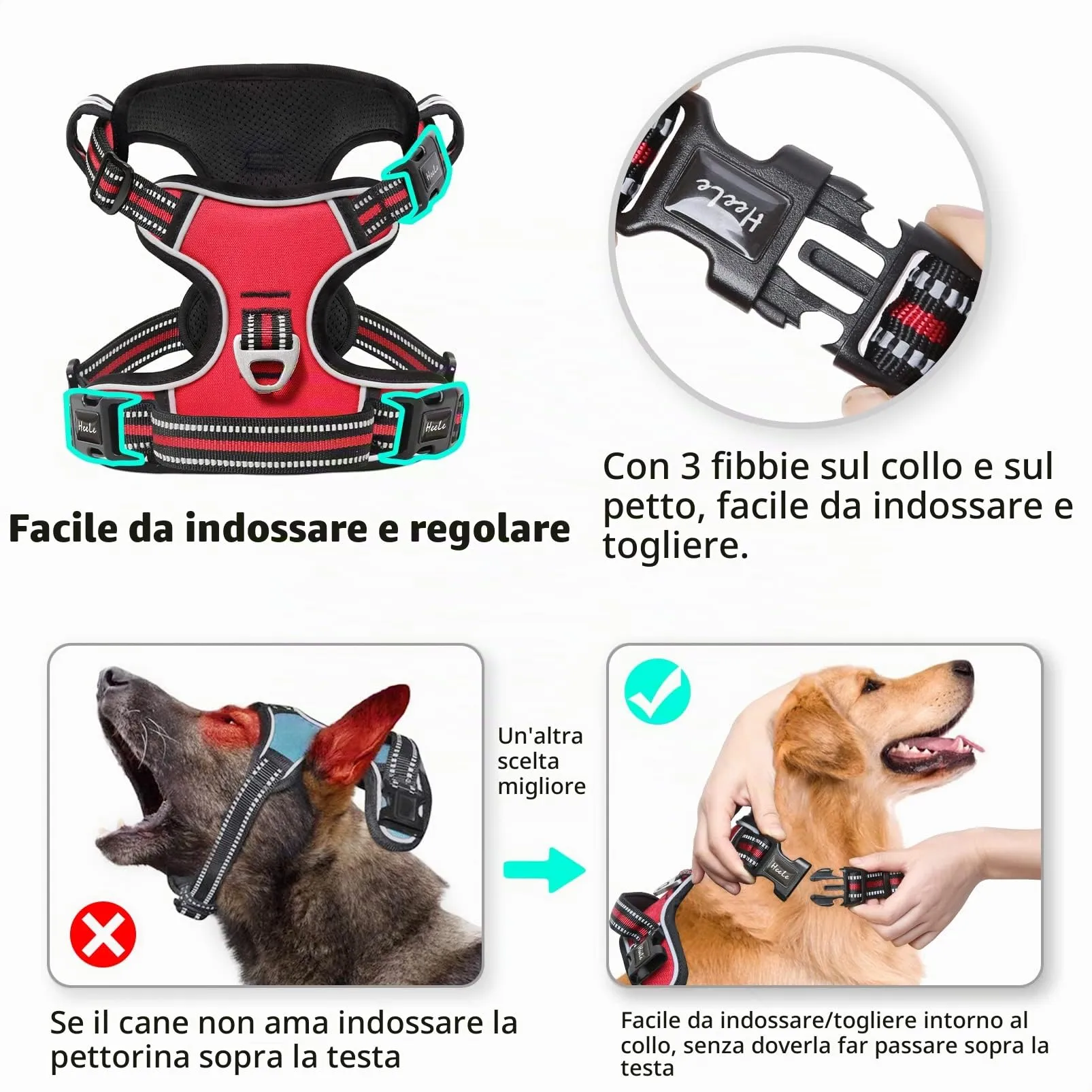 HEELE Pettorina Cane Anti-tiro Riflettente e Regolabile con Maniglia, Rosso, L - immagine 3
