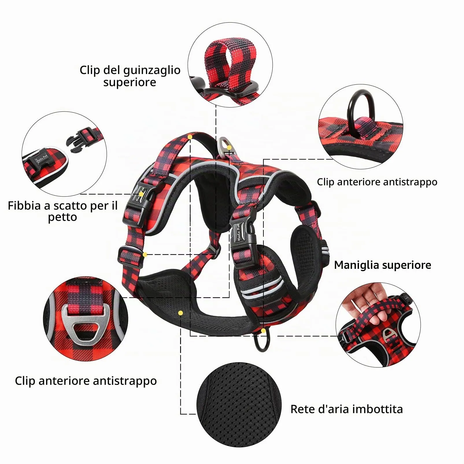 HEELE Pettorina Cane Anti-tiro Riflettente e Regolabile con Maniglia, Rosso-Nero, L - immagine 2