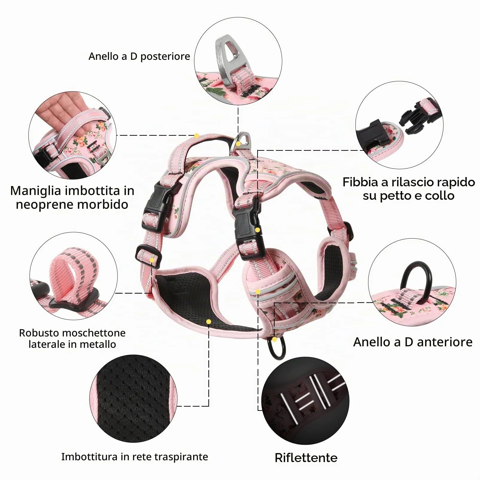 HEELE Pettorina Cane Anti-tiro Riflettente e Regolabile, Imbracatura con Sgancio Rapido e Maniglia, Imbottita, Floral-Rosa, M - immagine 3