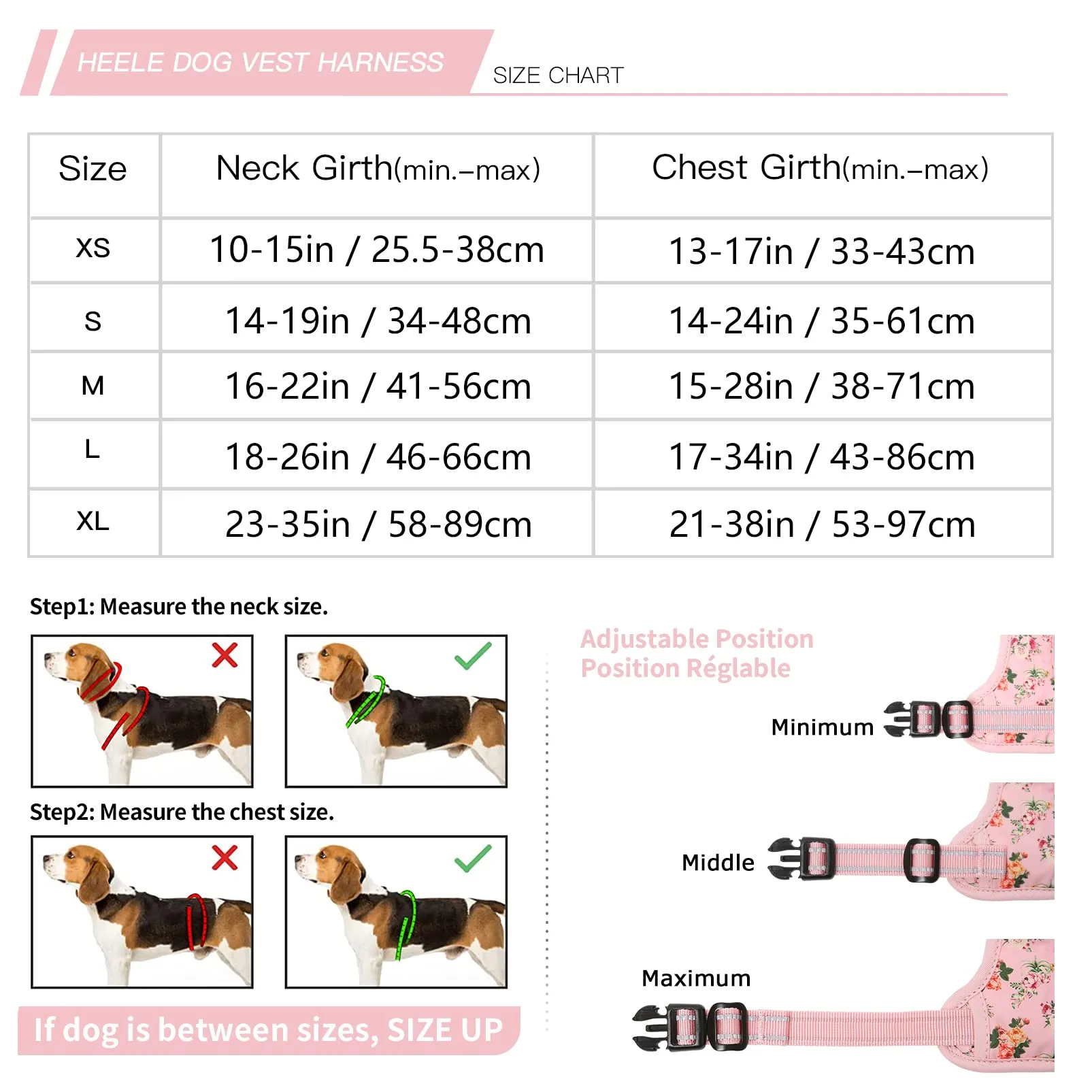 HEELE Pettorina Cane Anti-tiro Riflettente e Regolabile, Imbracatura con Sgancio Rapido e Maniglia, Imbottita, Floral-Rosa, M - immagine 5