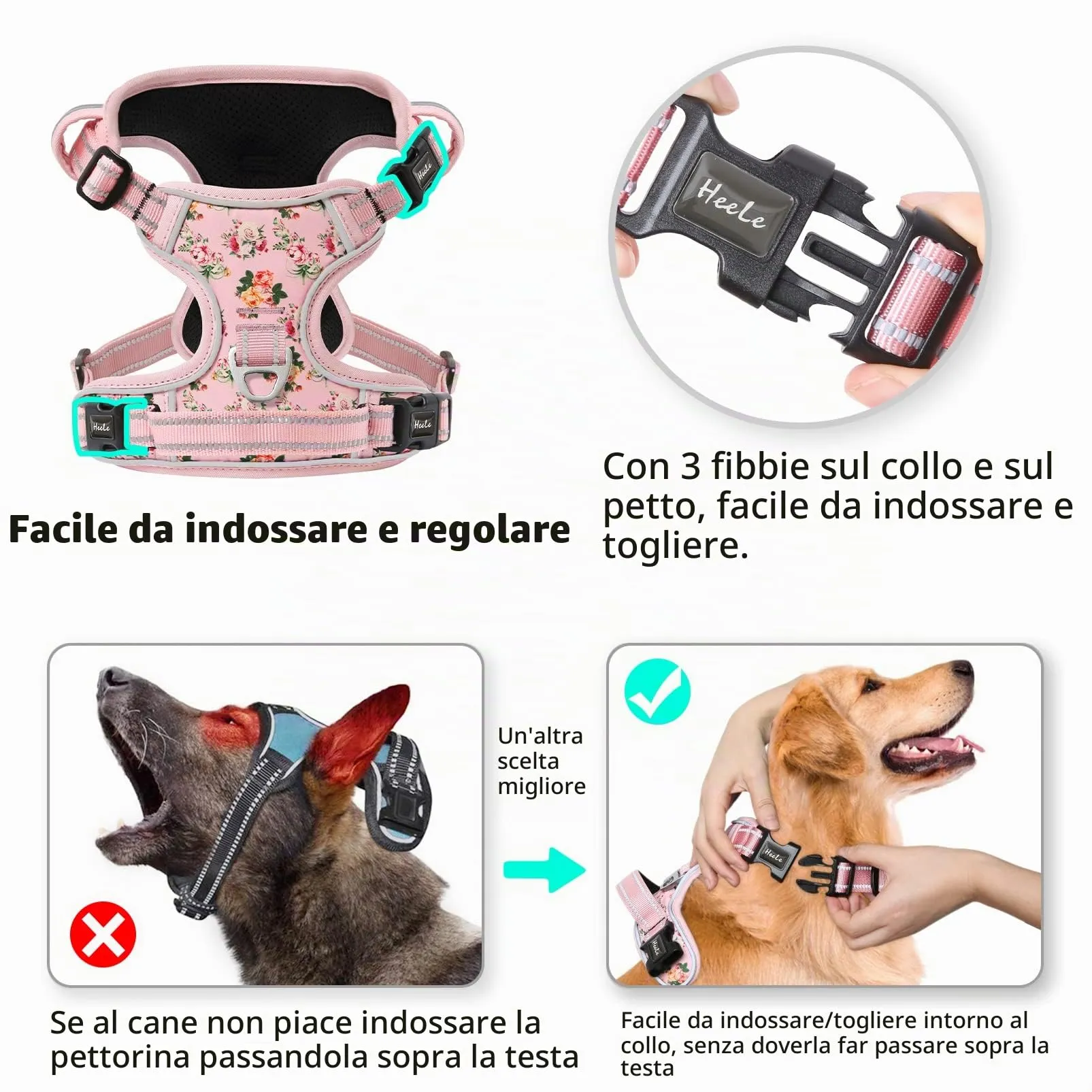HEELE Pettorina Cane Anti-tiro Riflettente e Regolabile, Imbracatura con Sgancio Rapido e Maniglia, Imbottita, Floral-Rosa, M - immagine 6