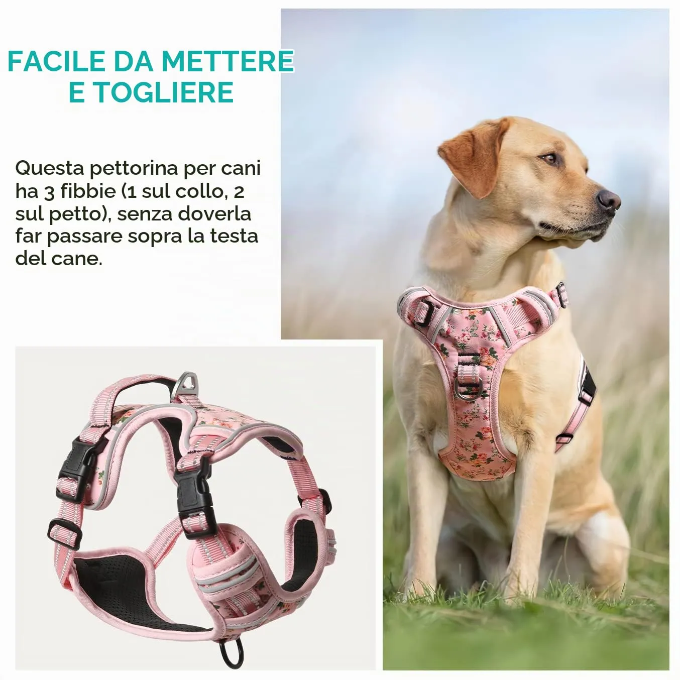 HEELE Imbracatura per Cani Anti-tiro Riflettente e Regolabile con Maniglia, Floral-Rosa L - immagine 4