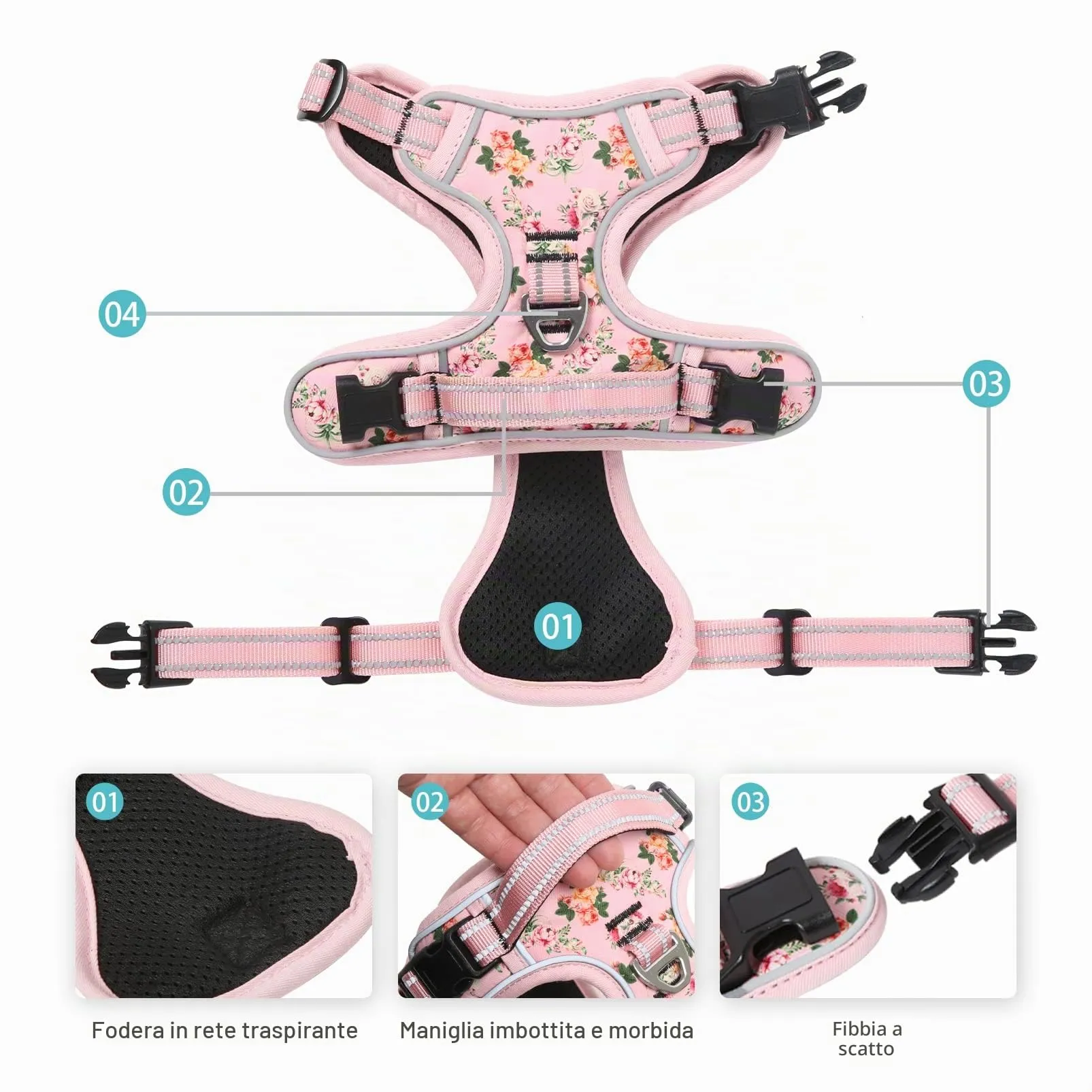 HEELE Imbracatura per Cani Anti-tiro Riflettente e Regolabile con Maniglia, Floral-Rosa L - immagine 7