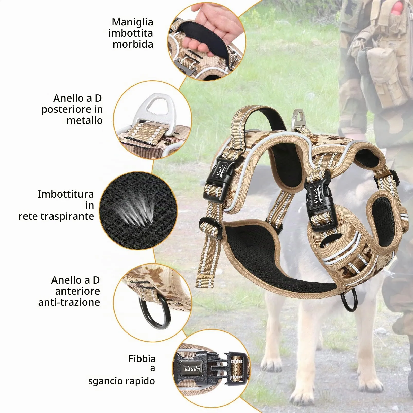 HEELE Pettorina Cane Anti-tiro Riflettente e Regolabile, Imbracatura con Sgancio Rapido dal Collo e Maniglia, Mimetico Marrone, L - immagine 3