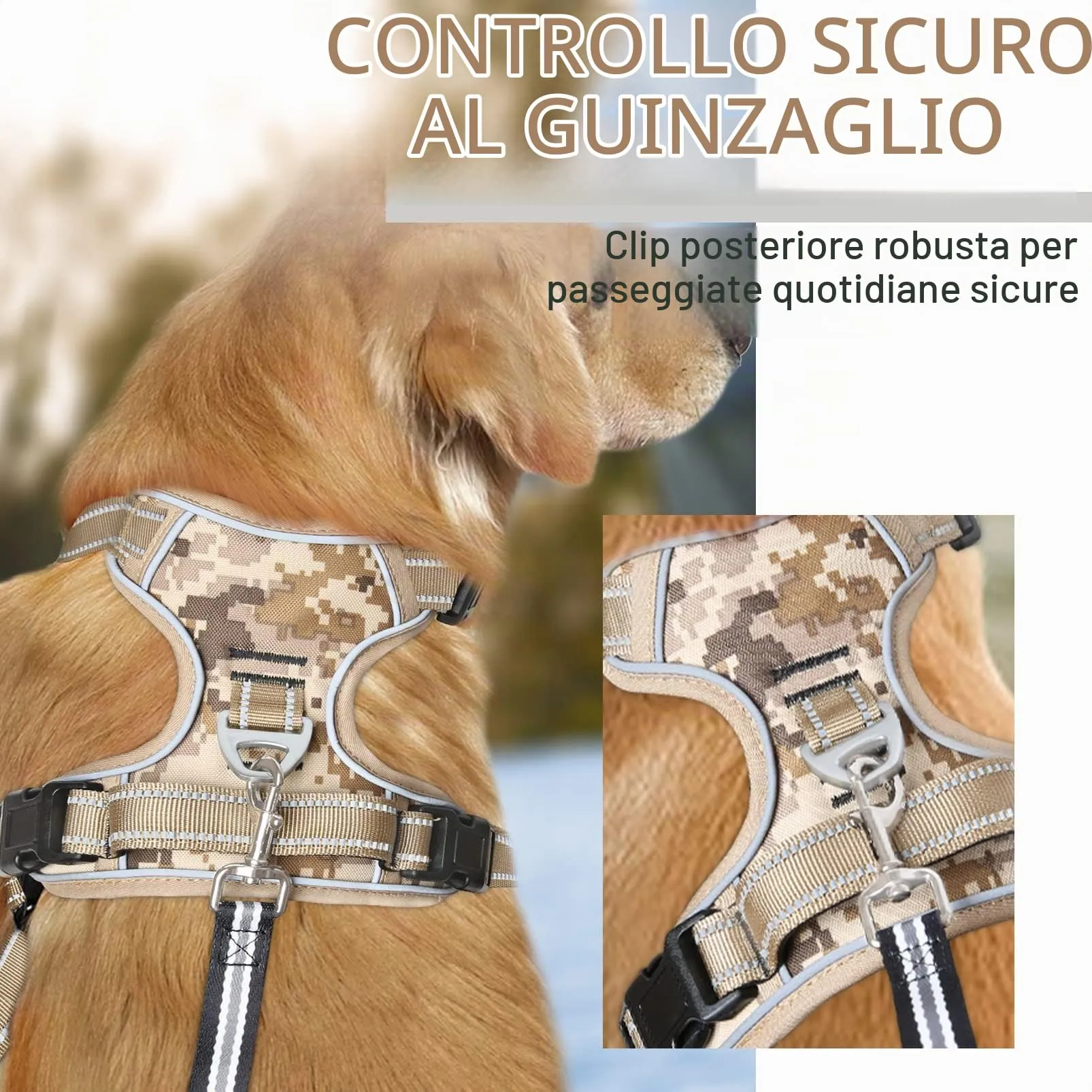 HEELE Pettorina Cane Anti-tiro Riflettente e Regolabile, Imbracatura con Sgancio Rapido dal Collo e Maniglia, Mimetico Marrone, L - immagine 4