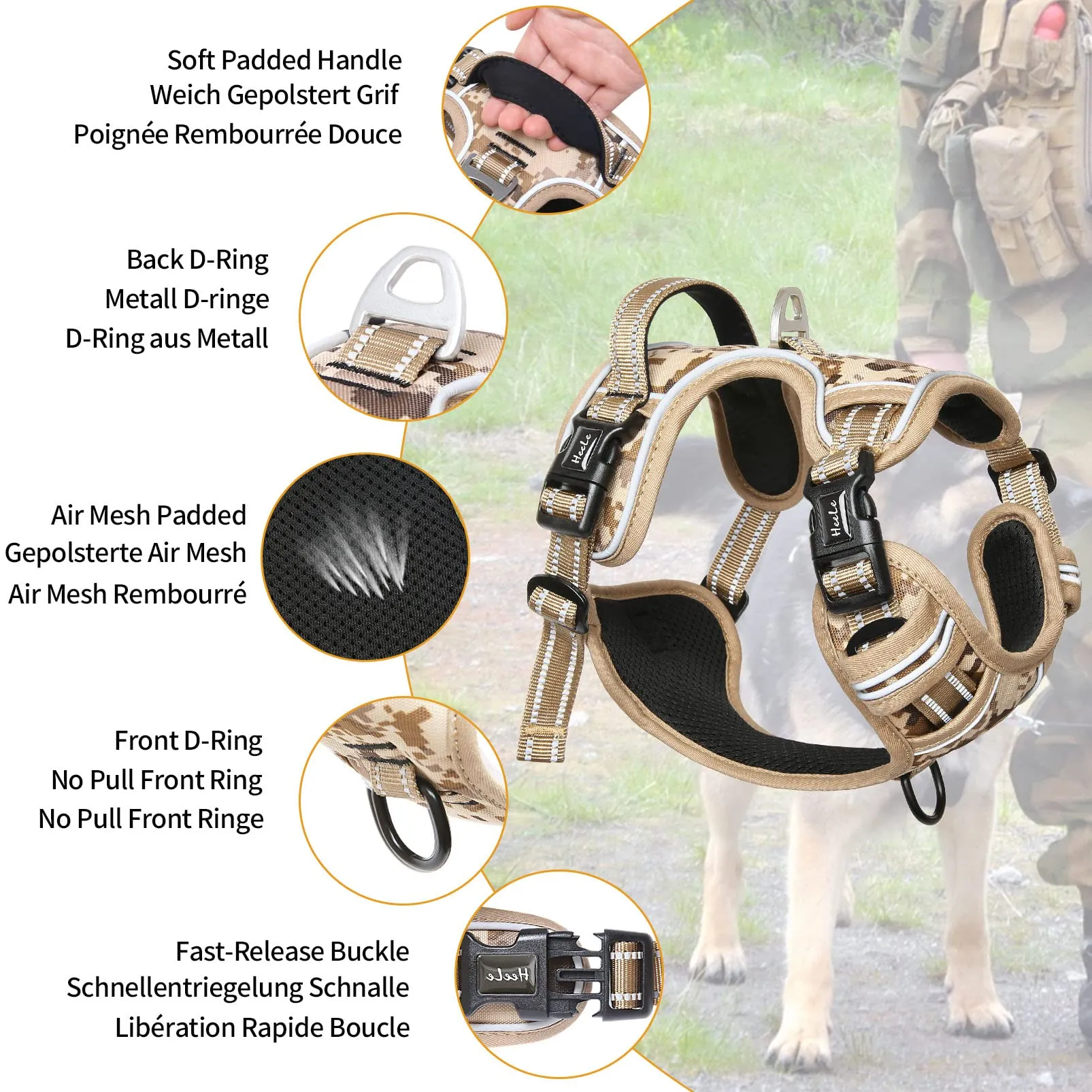 HEELE Pettorina Cane Anti-tiro Riflettente e Regolabile, Imbracatura con Sgancio Rapido dal Collo e Maniglia, Morbida e Imbottita, Mimetico Marrone S - immagine 3