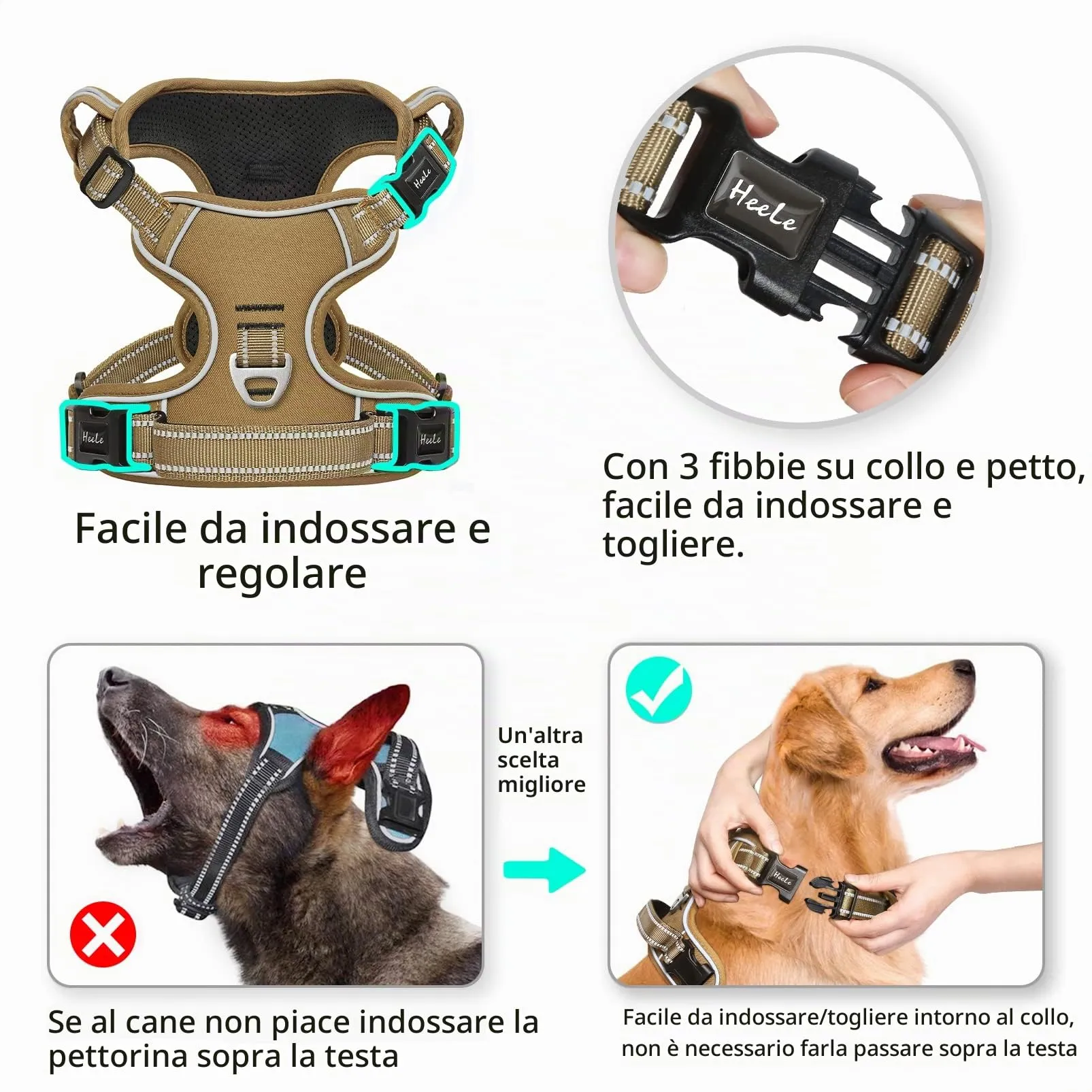 HEELE Imbracatura Cane Anti-tiro Riflettente e Regolabile con Maniglia, Marrone S - immagine 3