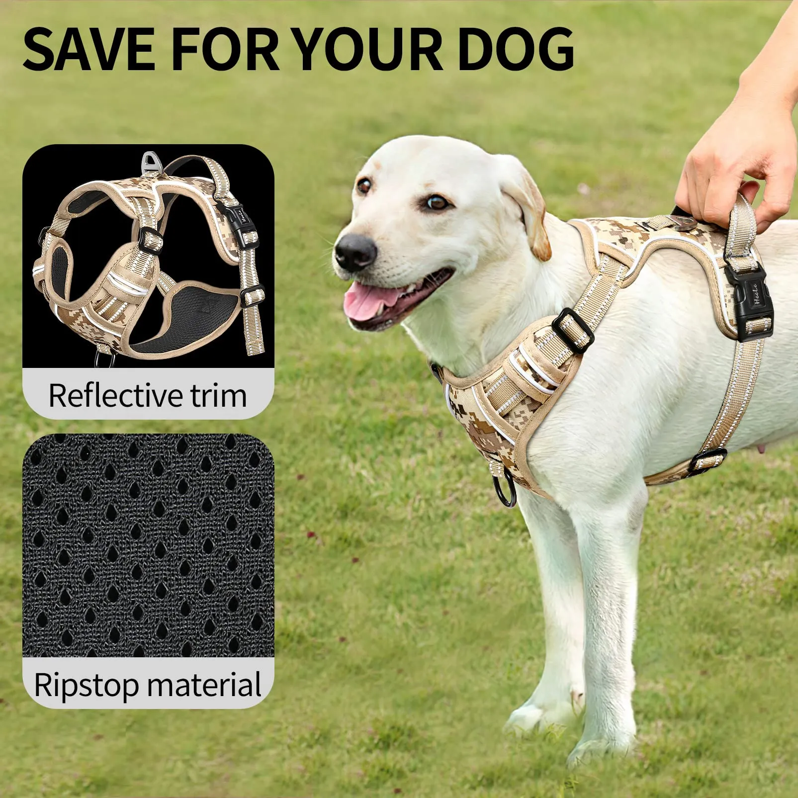 HEELE Imbracatura per Cani Anti-tiro Riflettente e Regolabile, Sgancio Rapido dal Collo, Mimetico Marrone, XL - immagine 7