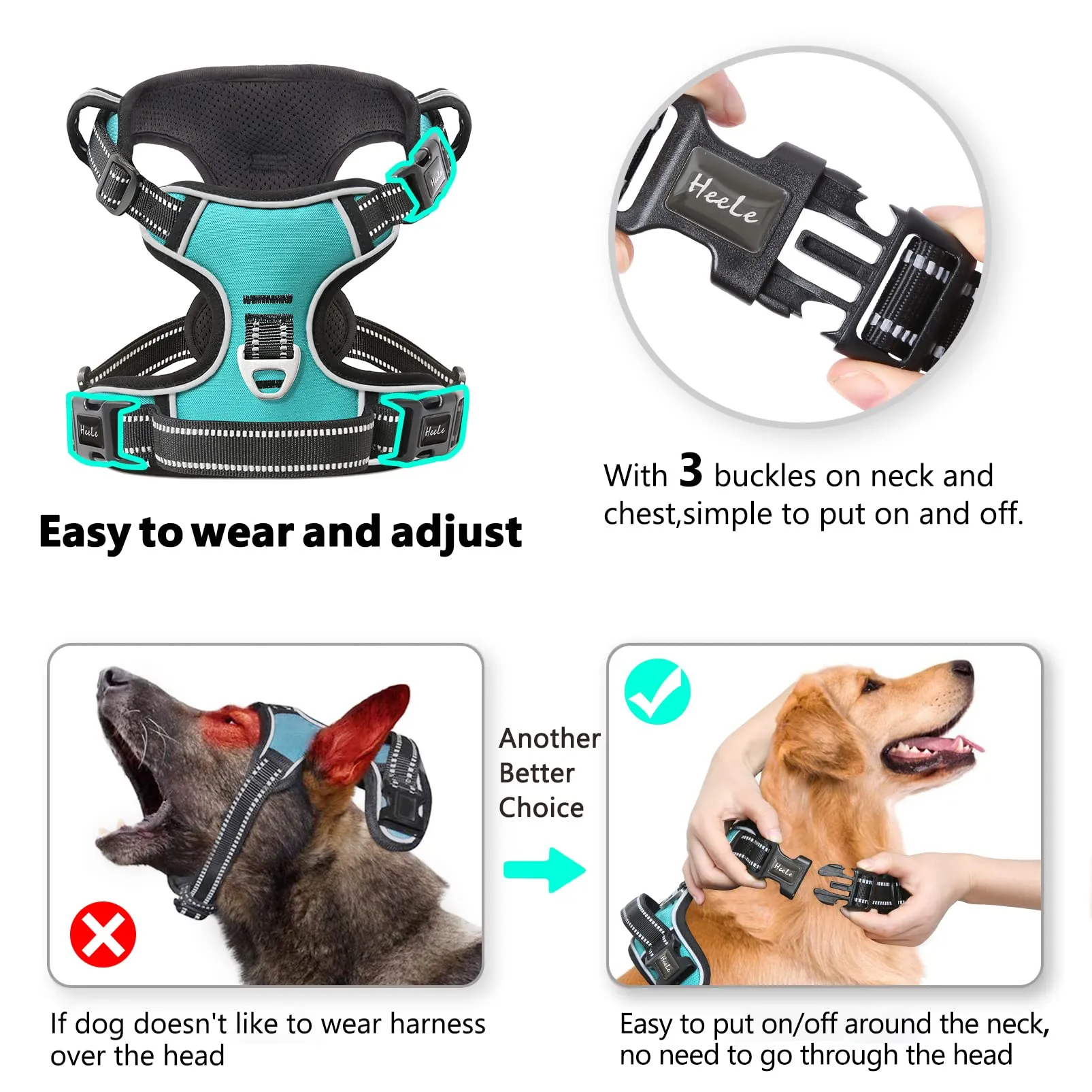 HEELE Pettorina Cane Anti-tiro Riflettente e Regolabile, Imbracatura con Sgancio Rapido e Maniglia, Turchese XL - immagine 3