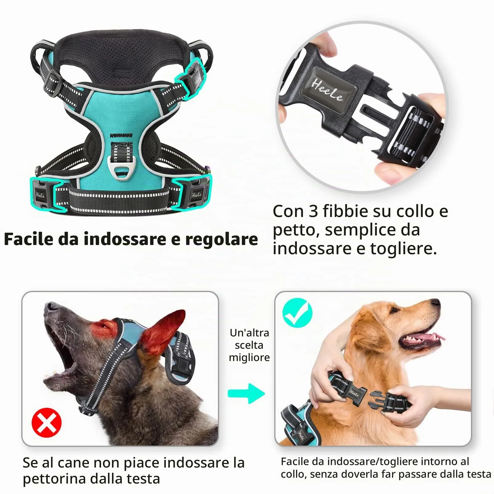 HEELE Pettorina Cane Anti-tiro Riflettente e Regolabile, Turchese M - immagine 5
