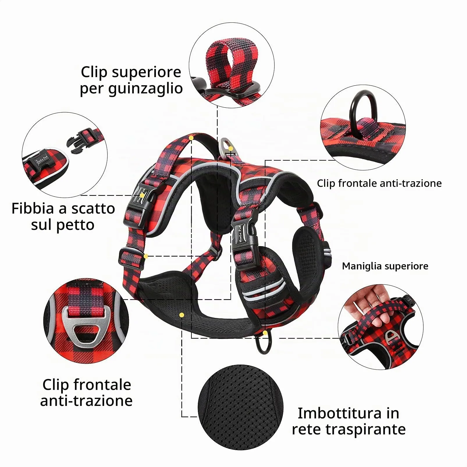 HEELE Pettorina Cane Anti-tiro Riflettente e Regolabile con Maniglia, Rosso-Nero, Taglia M - immagine 3