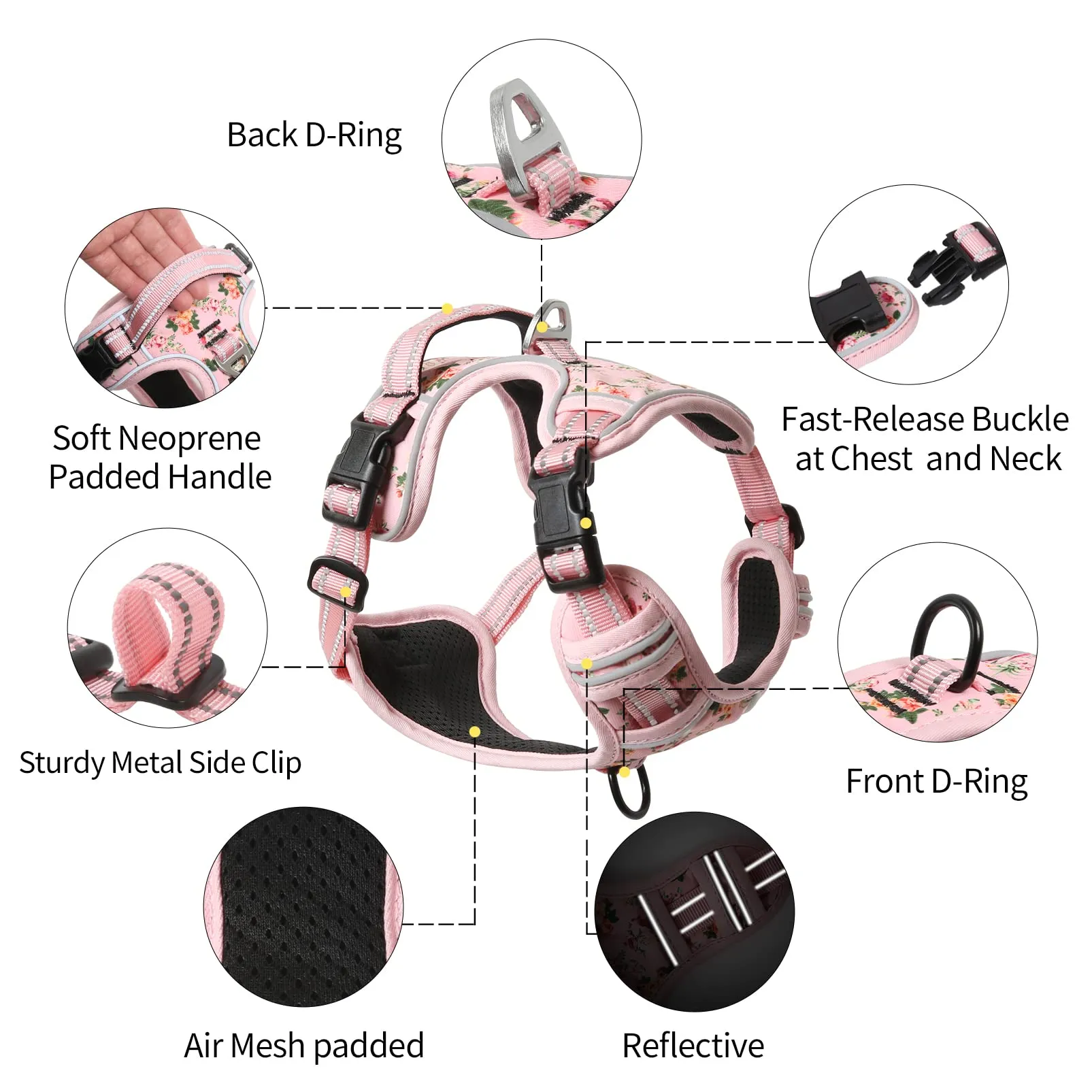 HEELE Pettorina Cane Anti-tiro Riflettente e Regolabile, Floral-Rosa XL - immagine 3