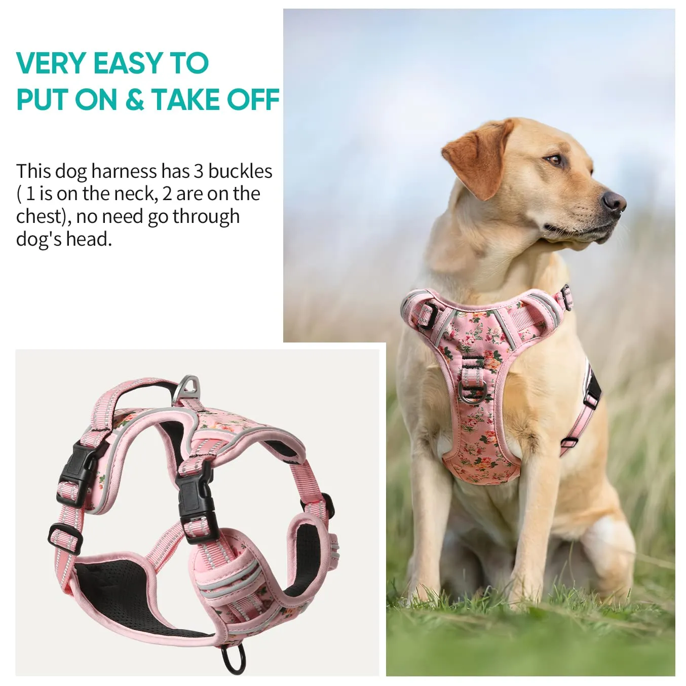 HEELE Pettorina Cane Anti-tiro Riflettente e Regolabile, Floral-Rosa XL - immagine 5