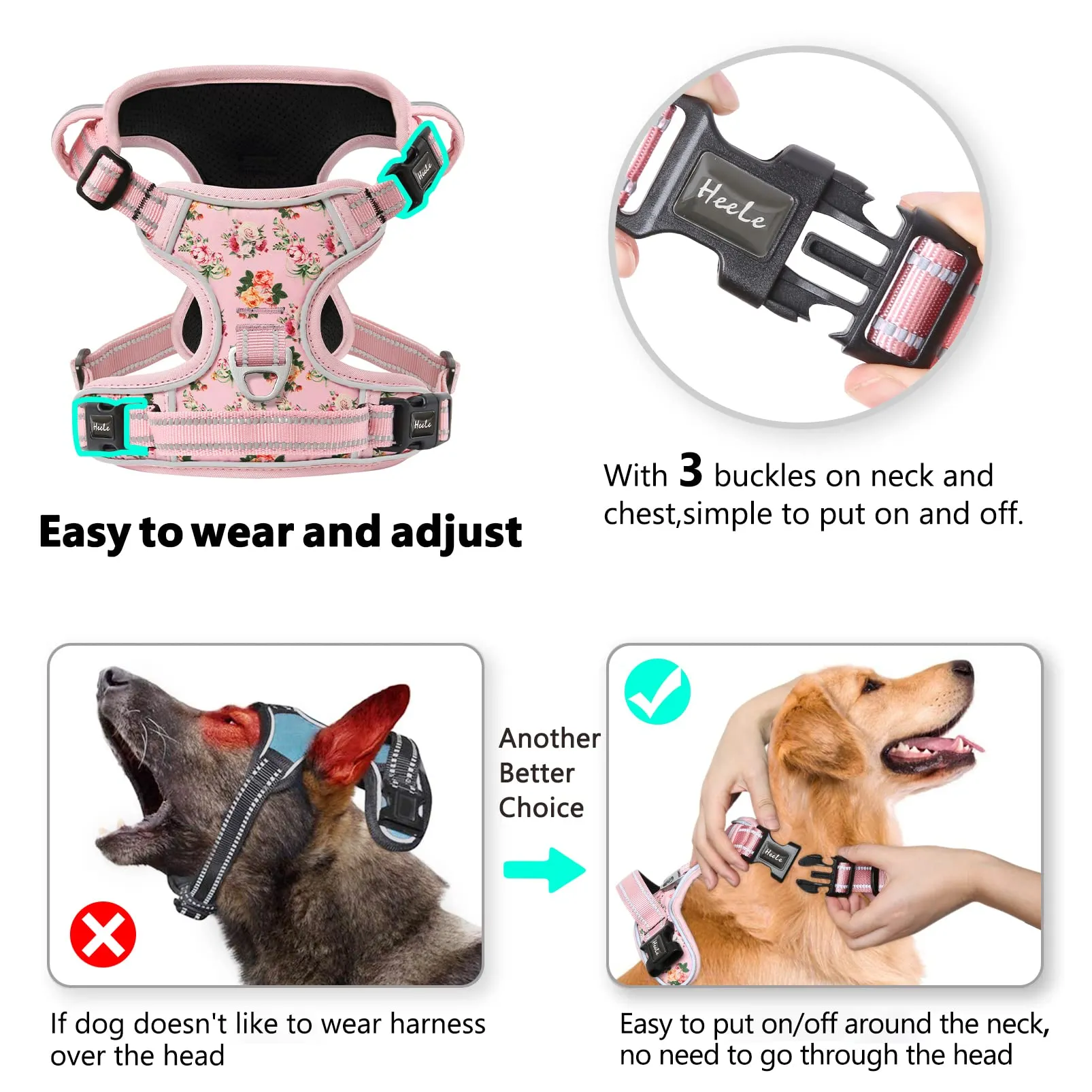 HEELE Pettorina Cane Anti-tiro Riflettente e Regolabile, Floral-Rosa XL - immagine 6