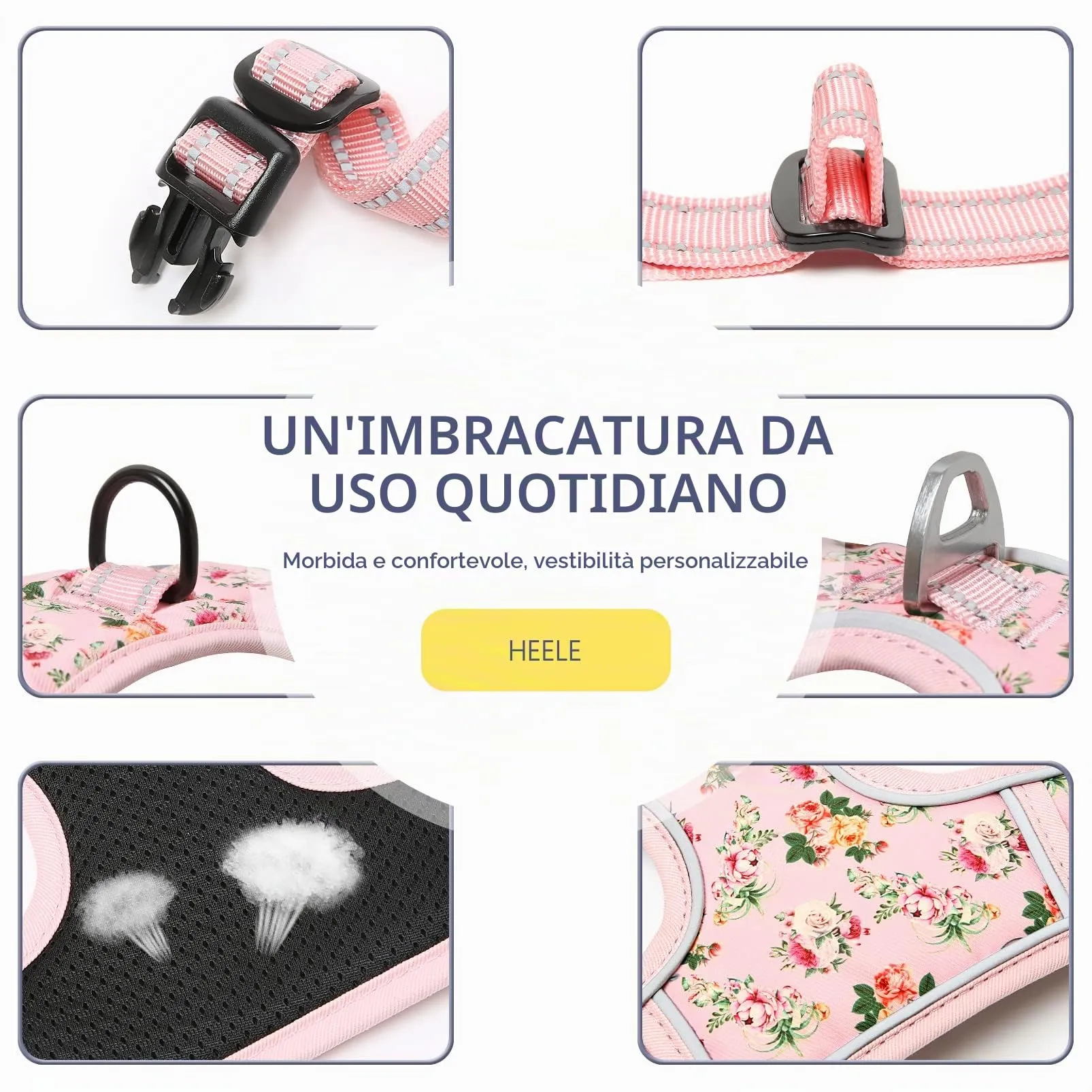 HEELE Pettorina Cane Anti-tiro Riflettente e Regolabile con Maniglia, Floral-Rosa S - immagine 4