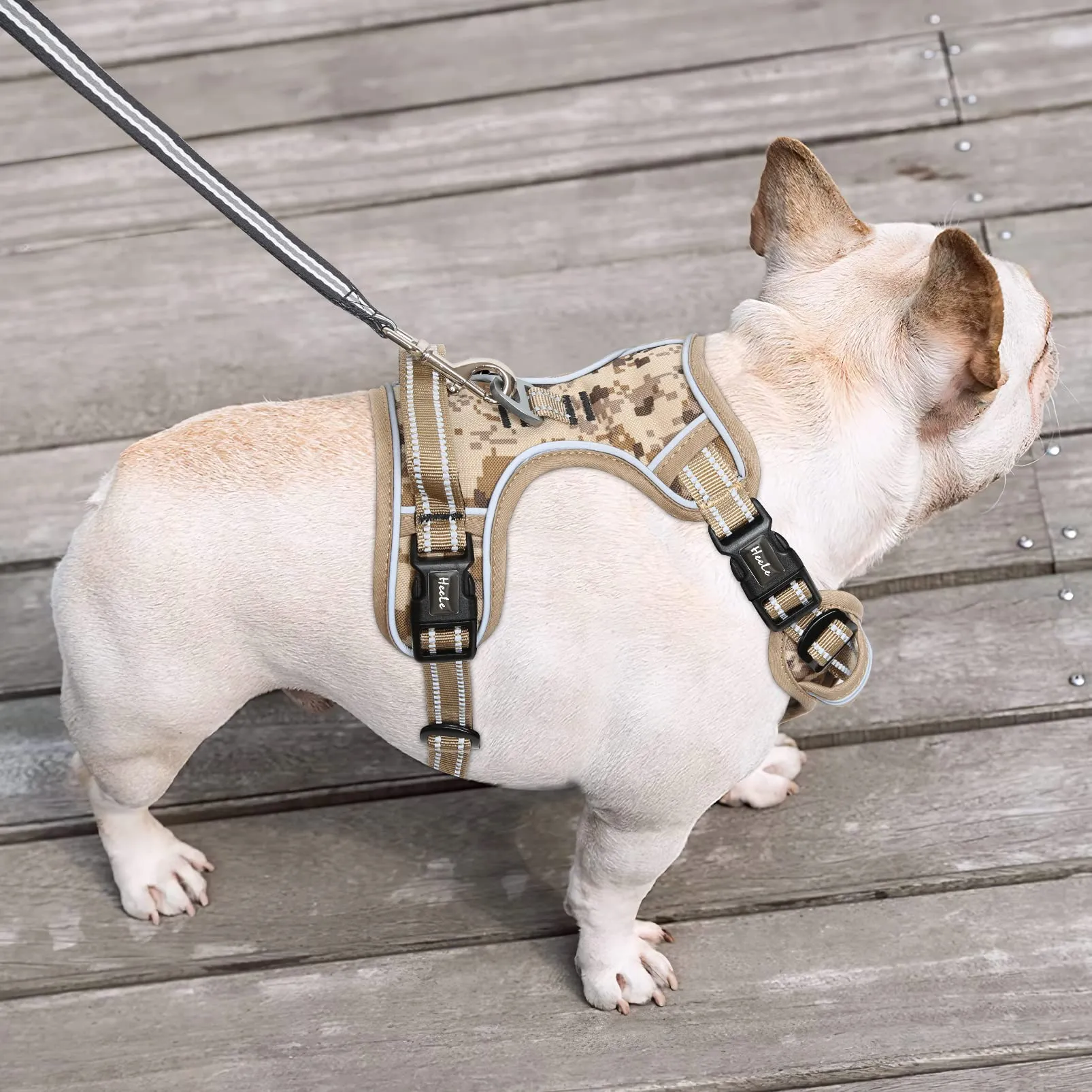 HEELE Pettorina Cane Anti-tiro Riflettente e Regolabile, Imbracatura con Sgancio Rapido dal Collo e Maniglia, Mimetico Marrone, M - immagine 6