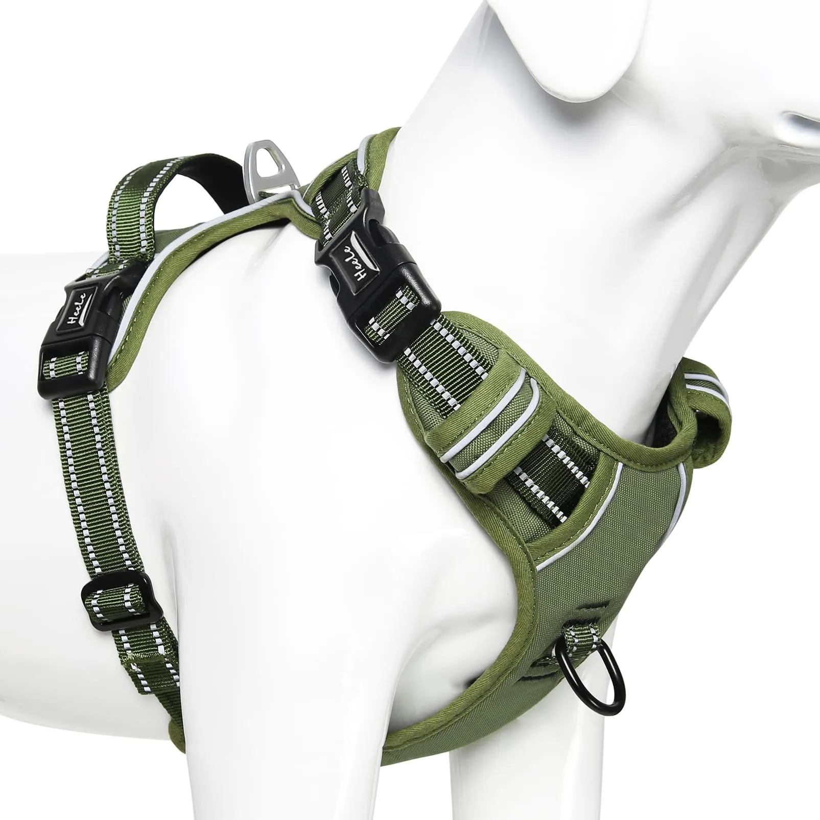 HEELE Pettorina per Cani Anti-tiro Riflettente e Regolabile, Imbracatura con Sgancio Rapido dal Collo e Maniglia, Militare Verde, L - immagine 1