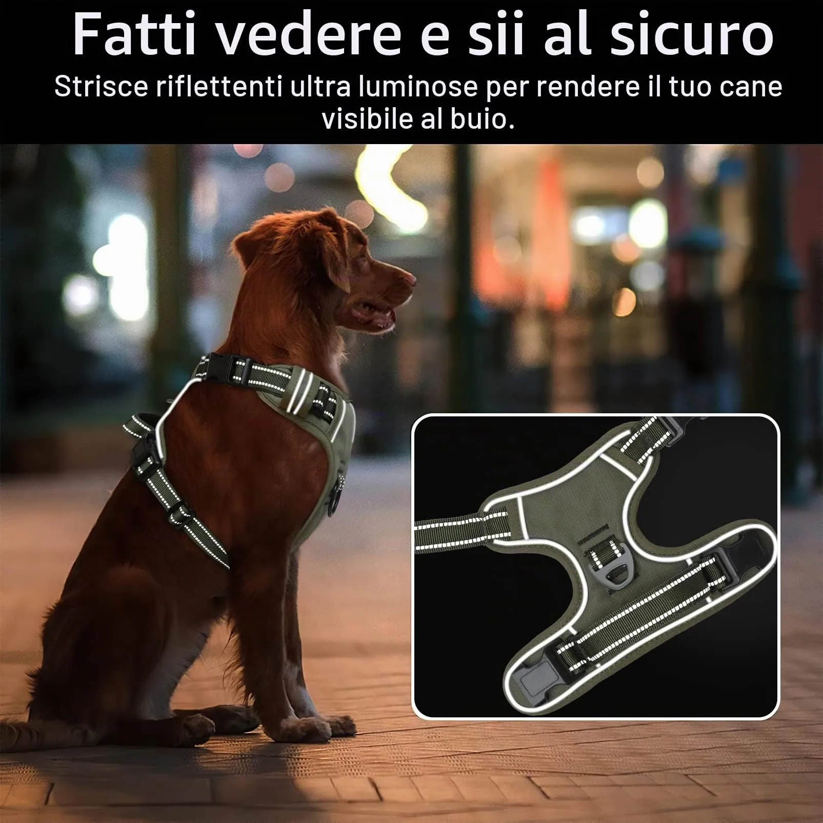 HEELE Pettorina per Cani Anti-tiro Riflettente e Regolabile, Imbracatura con Sgancio Rapido dal Collo e Maniglia, Militare Verde, L - immagine 5