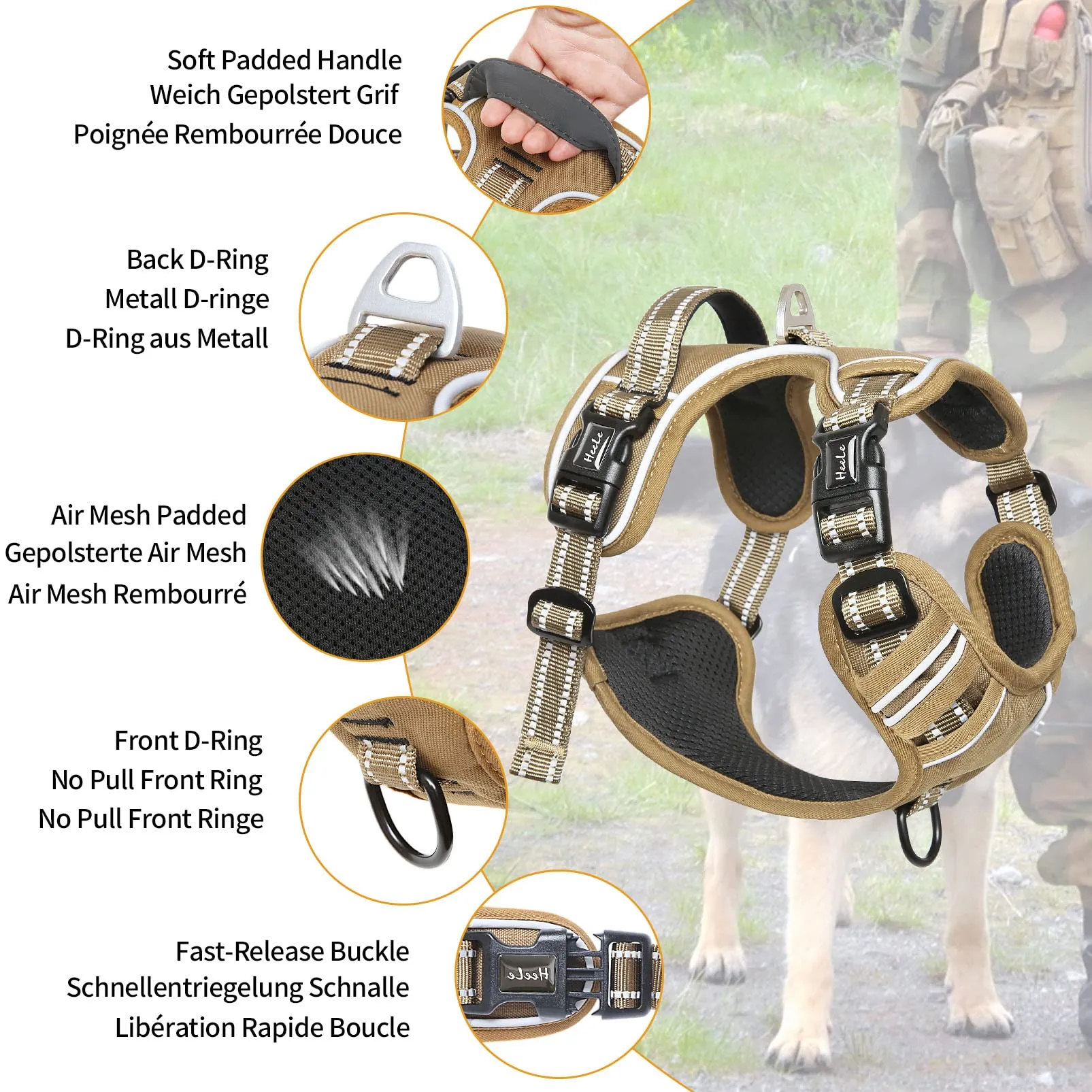 HEELE Pettorina Cane Anti-tiro Riflettente e Regolabile, Imbracatura con Sgancio Rapido dal Collo e Maniglia, Marrone XL - immagine 2