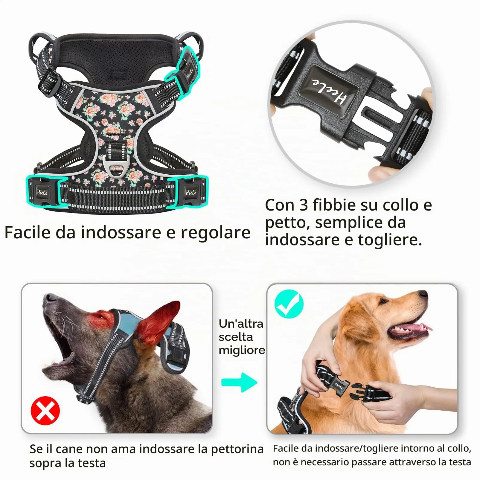 HEELE Pettorina Cane Anti-tiro Riflettente e Regolabile con Maniglia, Floral-Nero, L - immagine 2