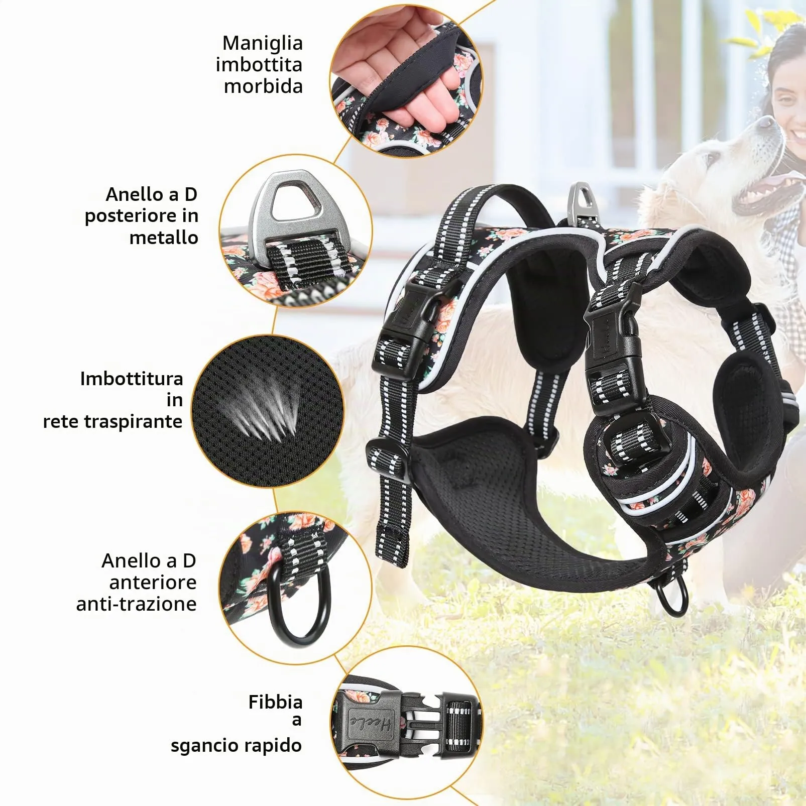 HEELE Pettorina Cane Anti-tiro Riflettente e Regolabile, Imbracatura a Sgancio Rapido con Maniglia, Morbida e Imbottita, Floral-Nero M - immagine 3