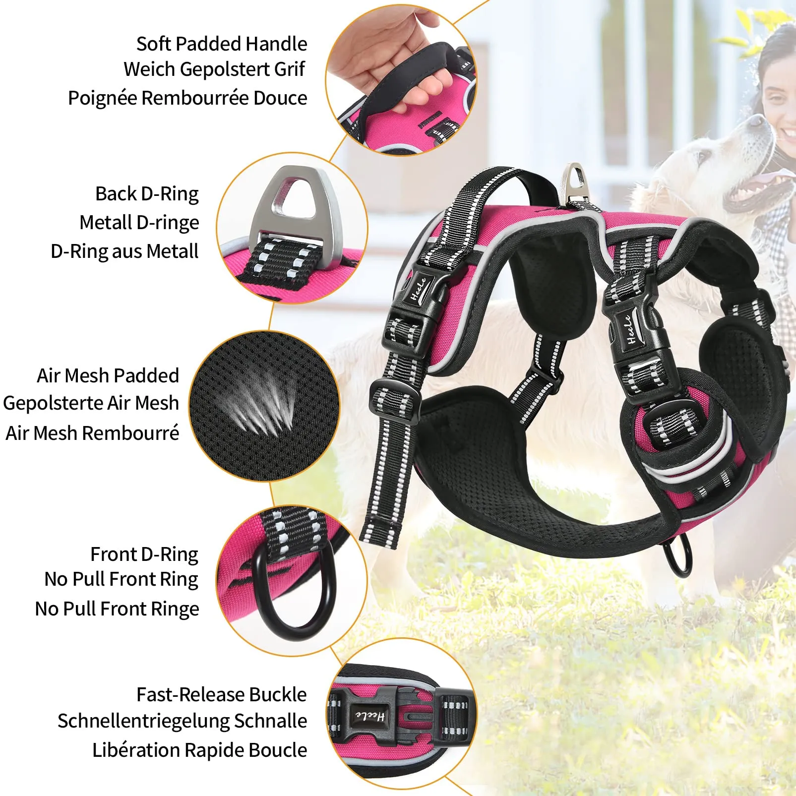 HEELE Pettorina Cane Anti-tiro Riflettente e Regolabile con Maniglia, Fucsia M - immagine 2