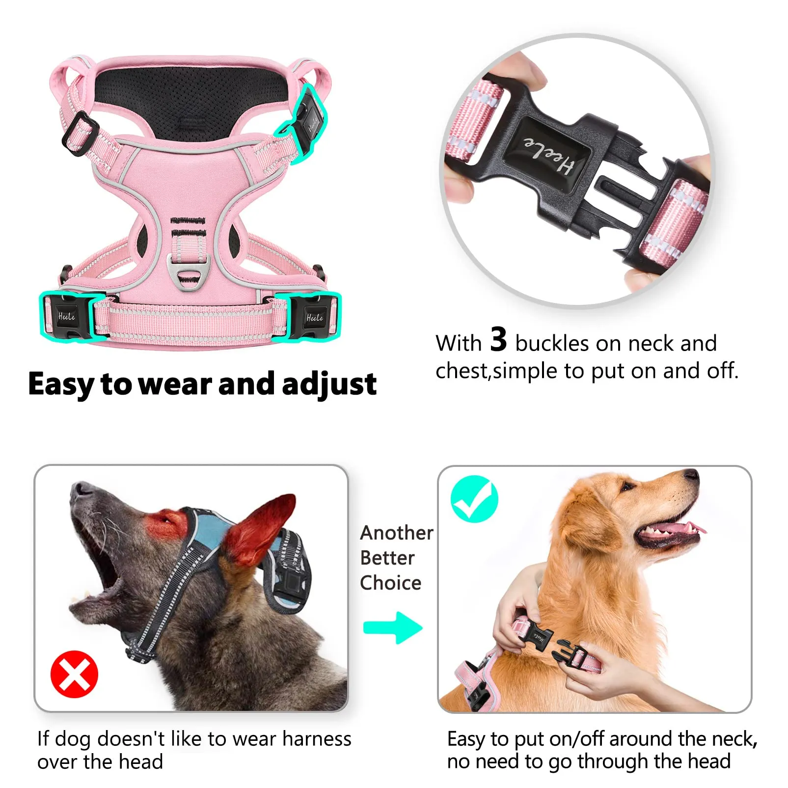 HEELE Imbracatura per Cani Anti-tiro Riflettente e Regolabile con Maniglia, Rosa Chiaro, XL - immagine 3