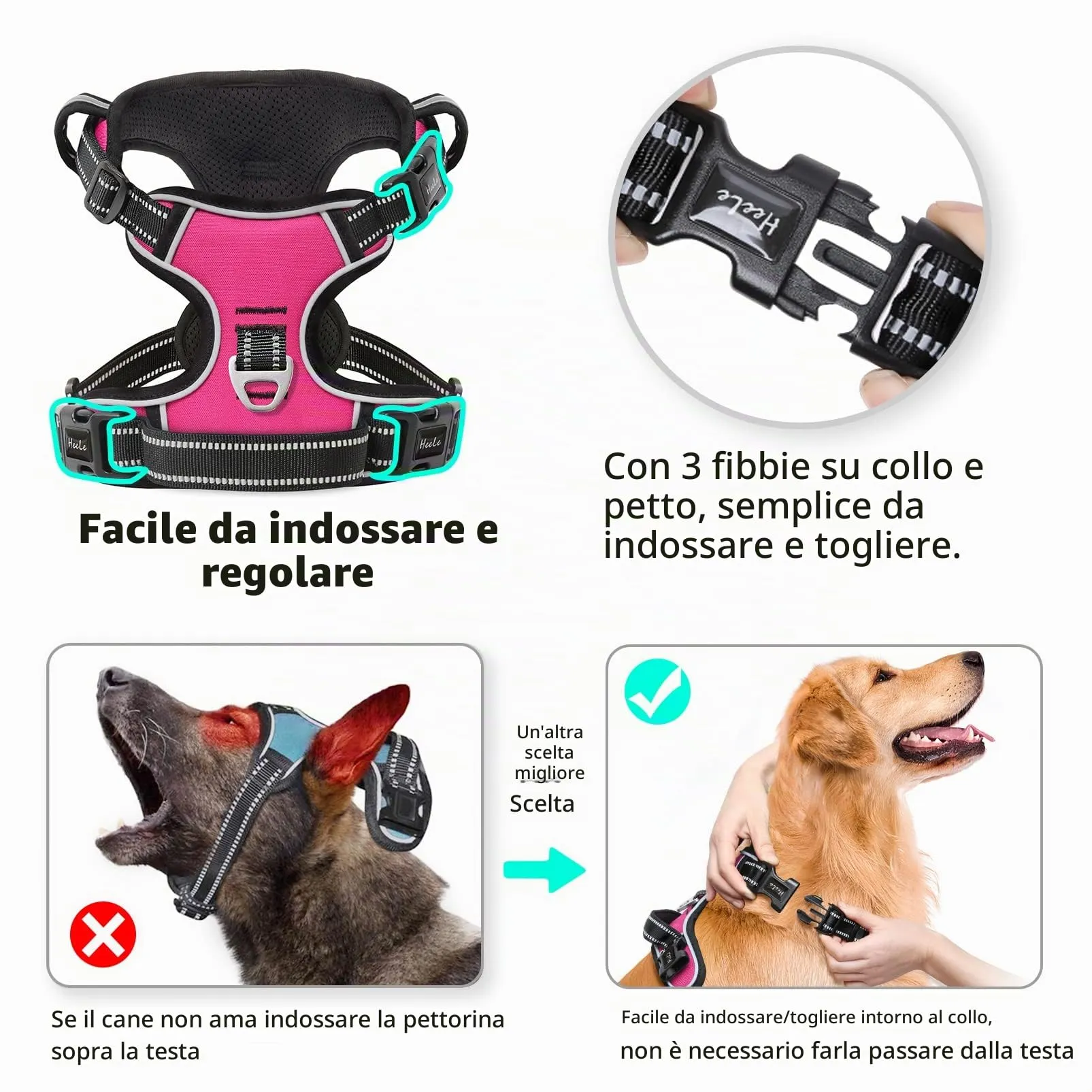 HEELE Pettorina Cane Anti-tiro Riflettente e Regolabile con Maniglia, Imbottita, Fucsia XL - immagine 4