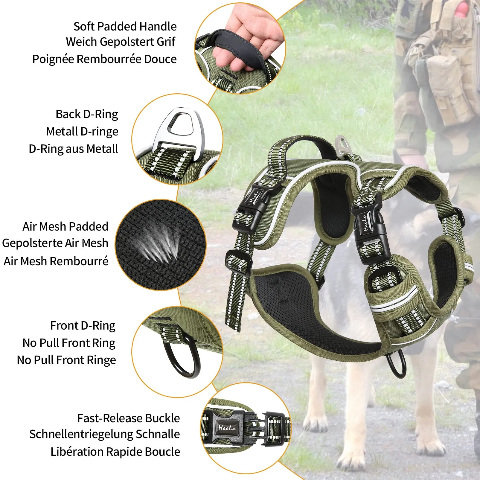 HEELE Imbracatura per Cani Anti-tiro Riflettente e Regolabile, Militare Verde XS - immagine 3
