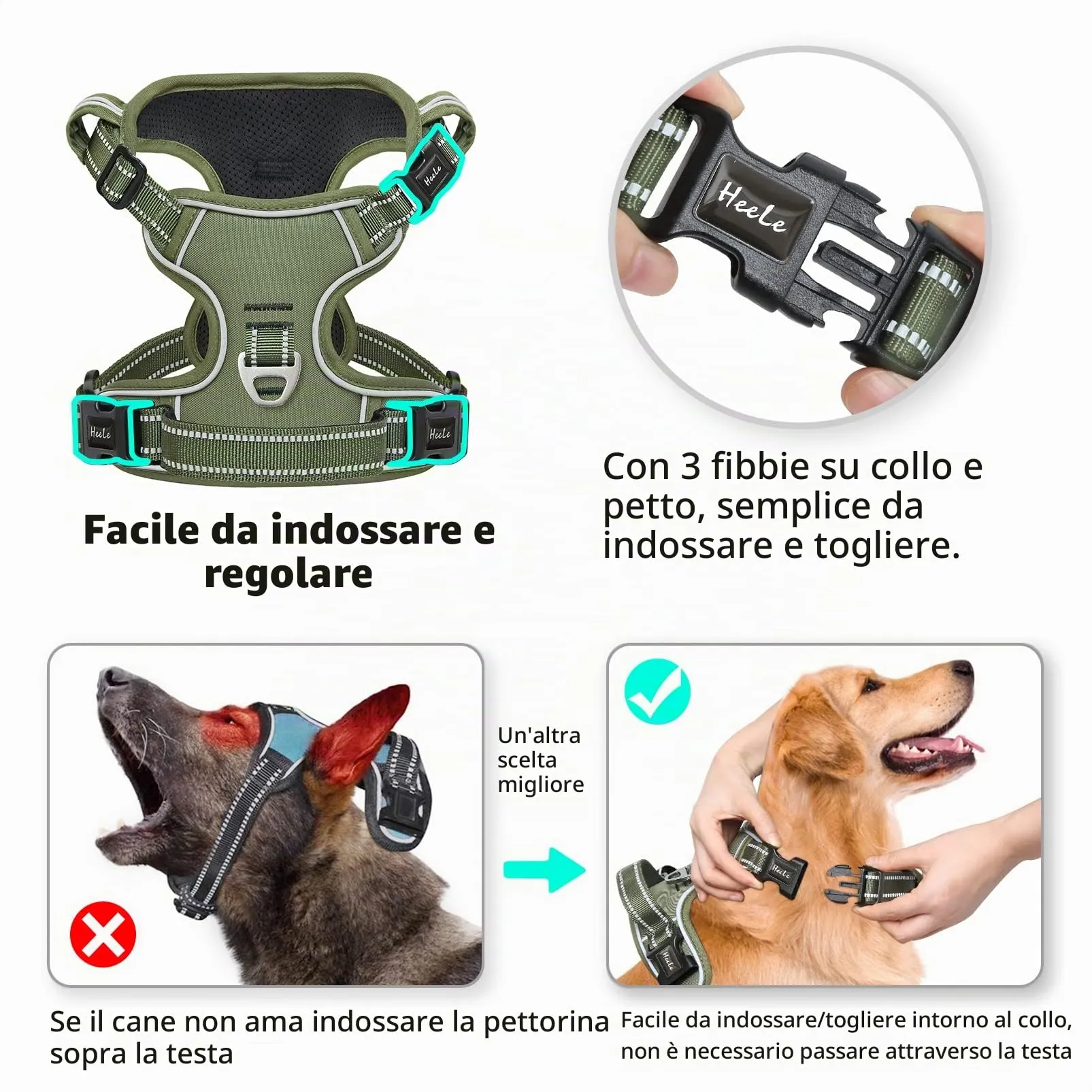 HEELE Imbracatura per Cani Anti-tiro Riflettente e Regolabile, Militare Verde XS - immagine 4
