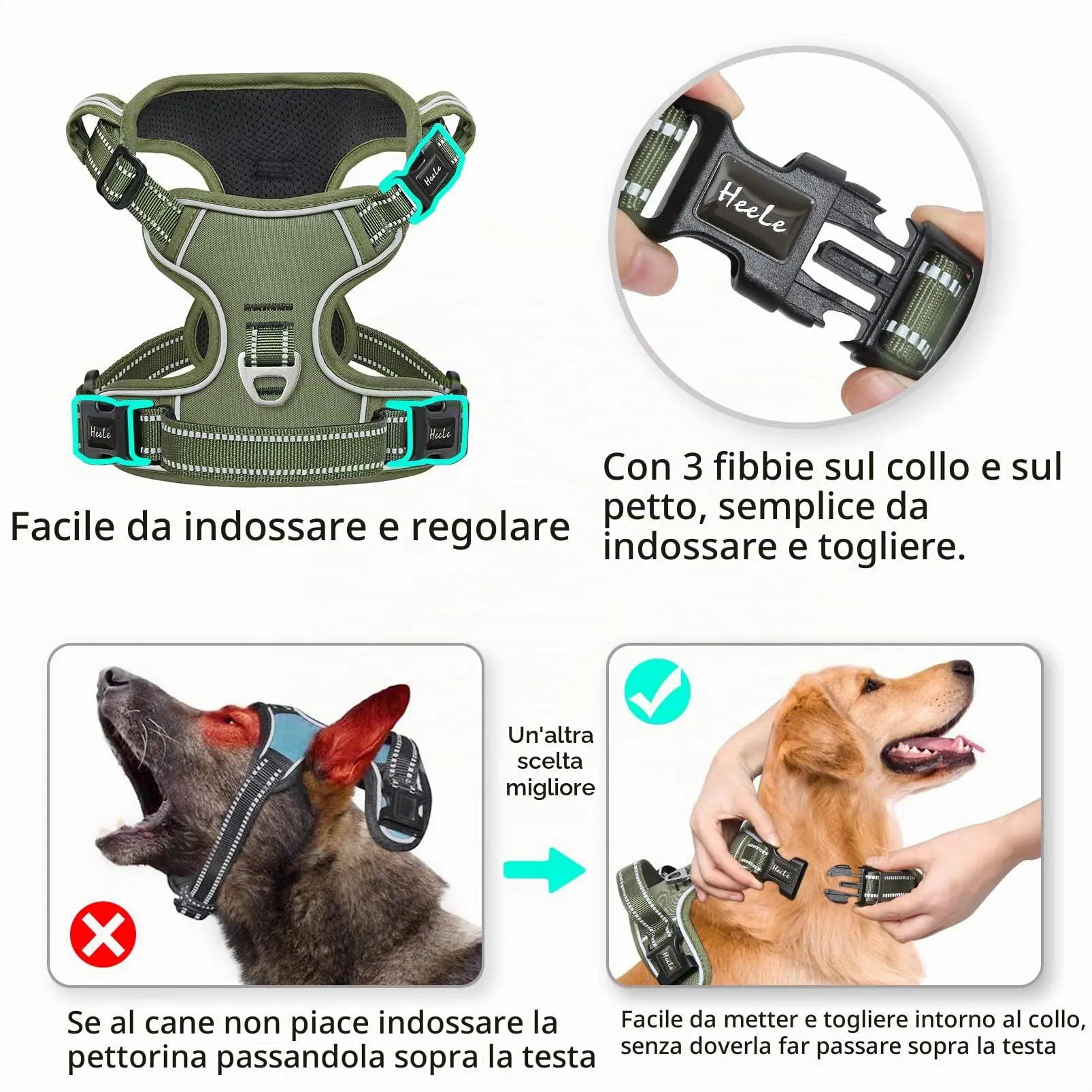 HEELE Imbracatura Cane Anti-tiro Riflettente e Regolabile con Maniglia, Verde Militare, XL - immagine 3