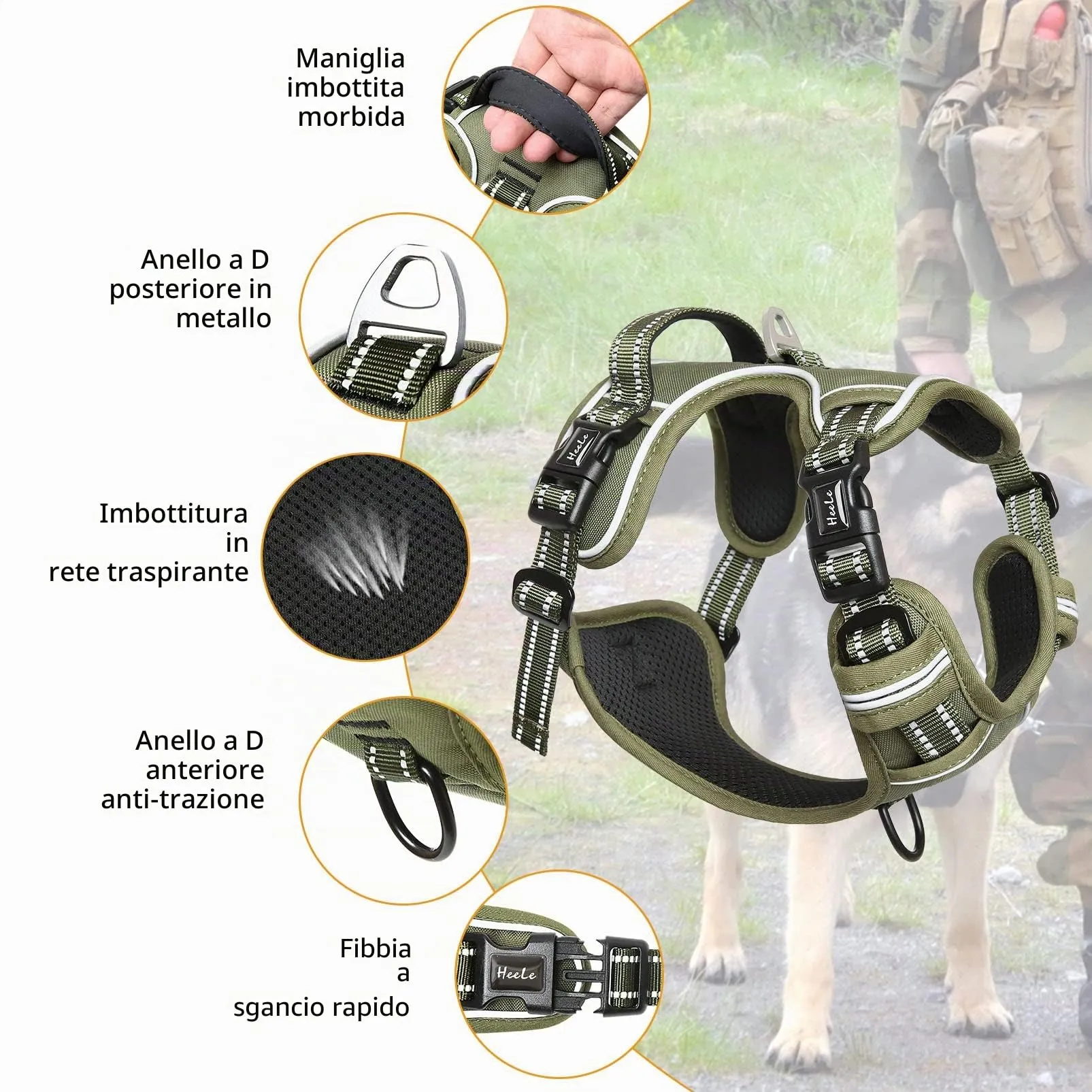 HEELE Imbracatura Cane Anti-tiro Riflettente e Regolabile con Maniglia, Verde Militare, XL - immagine 4