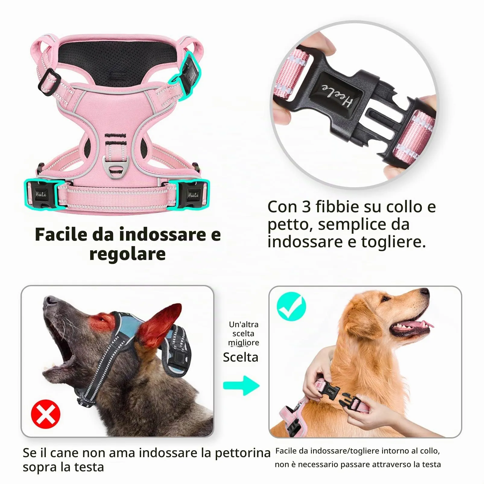 HEELE Imbracatura per Cani Anti-tiro Riflettente e Regolabile con Maniglia, Rosa Chiaro, M - immagine 3