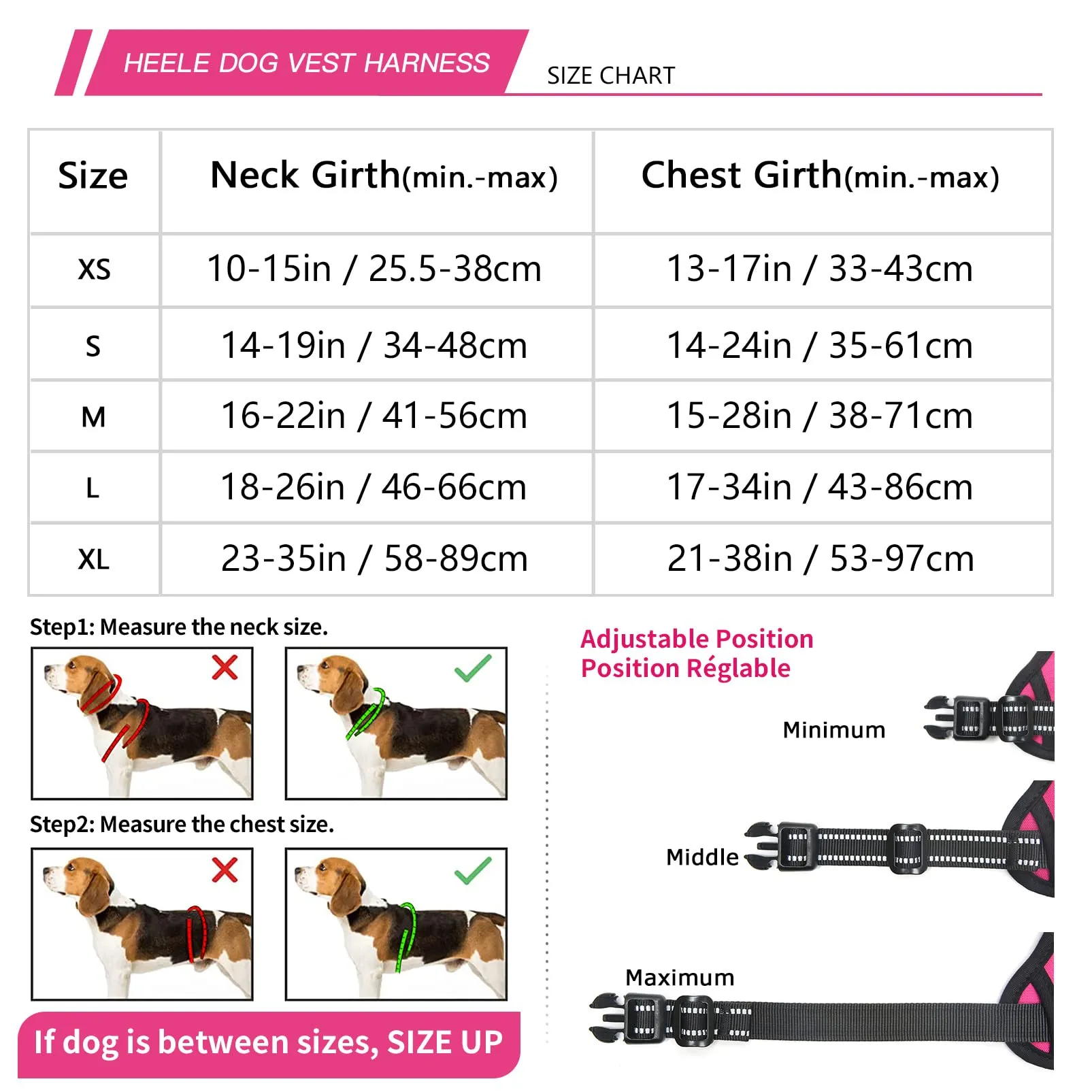 HEELE Imbracatura per Cani Anti-tiro Riflettente e Regolabile con Maniglia, Fucsia L - immagine 2