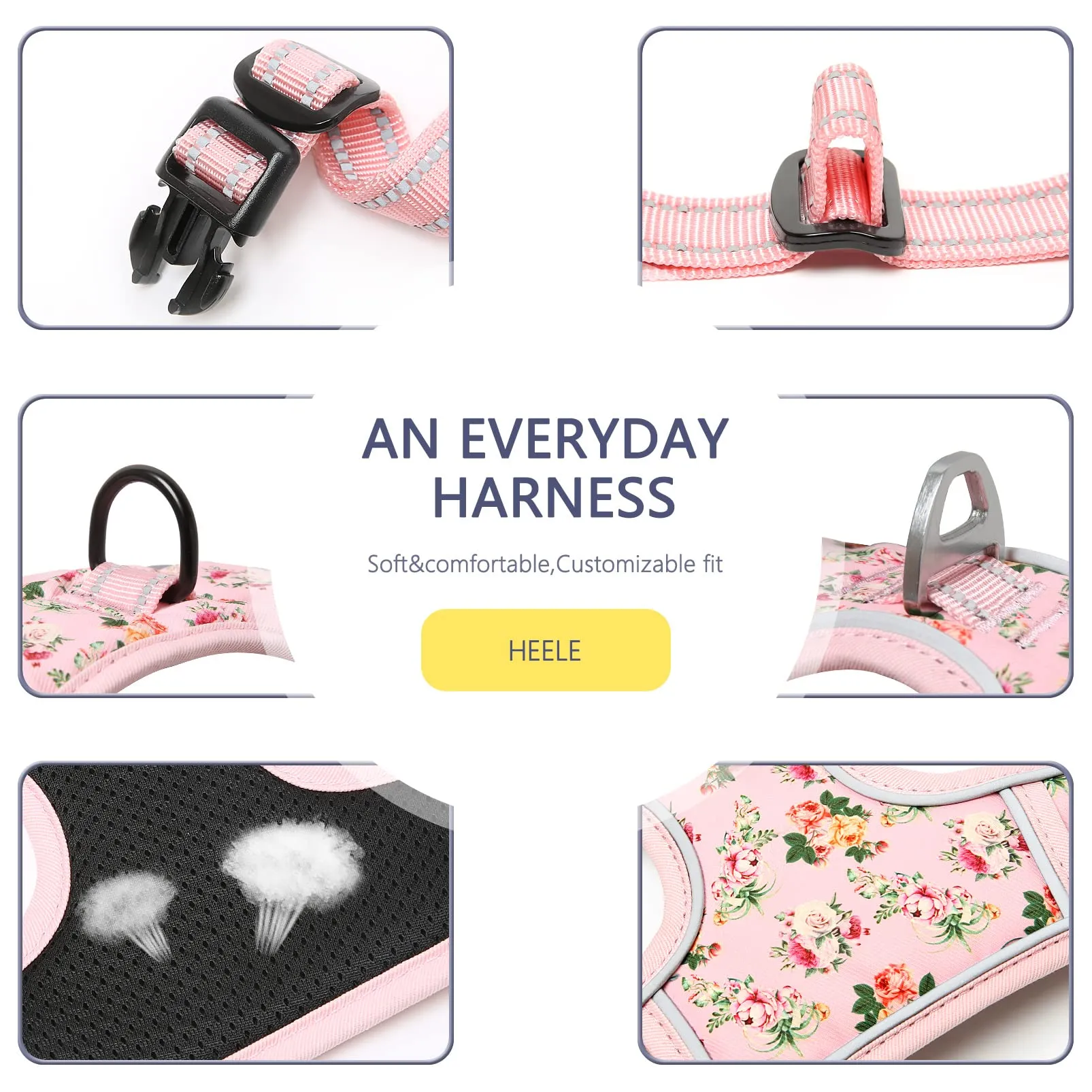 HEELE Pettorina Cane Anti-tiro Riflettente e Regolabile con Maniglia, Imbottita, Floral-Rosa, XS - immagine 4