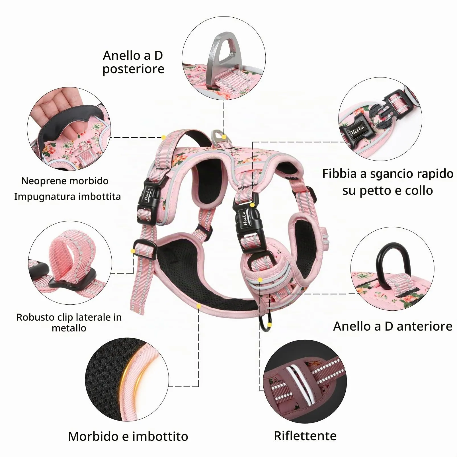 HEELE Pettorina Cane Anti-tiro Riflettente e Regolabile con Maniglia, Imbottita, Floral-Rosa, XS - immagine 5