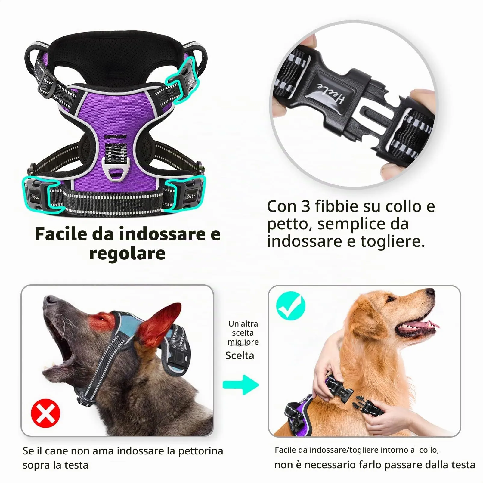 HEELE Pettorina Cane Anti-tiro Riflettente e Regolabile, Imbracatura con Sgancio Rapido e Maniglia, Porpora S - immagine 3