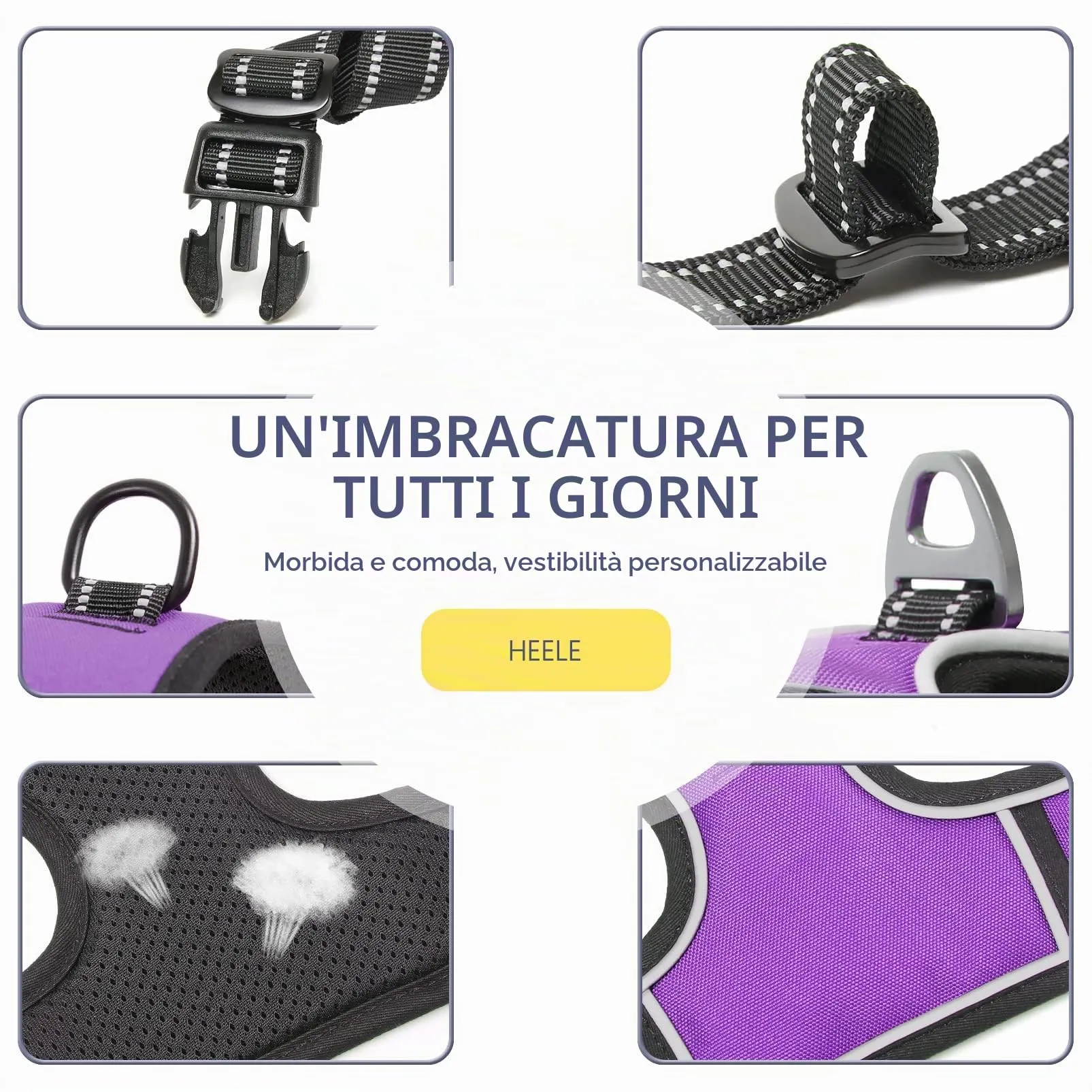 HEELE Pettorina Cane Anti-tiro Riflettente e Regolabile, Imbracatura con Sgancio Rapido e Maniglia, Porpora S - immagine 5