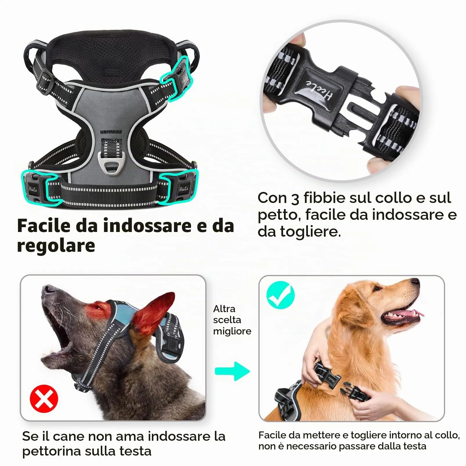HEELE Pettorina Cane Anti-tiro Riflettente e Regolabile con Maniglia, Grigio M - immagine 2