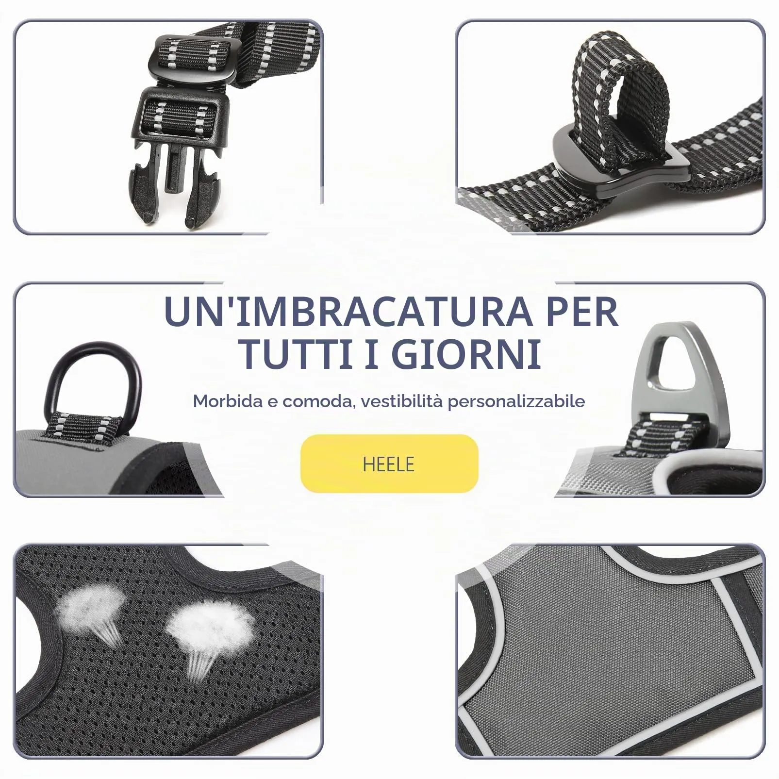 HEELE Pettorina Cane Anti-tiro Riflettente e Regolabile con Maniglia, Grigio M - immagine 6