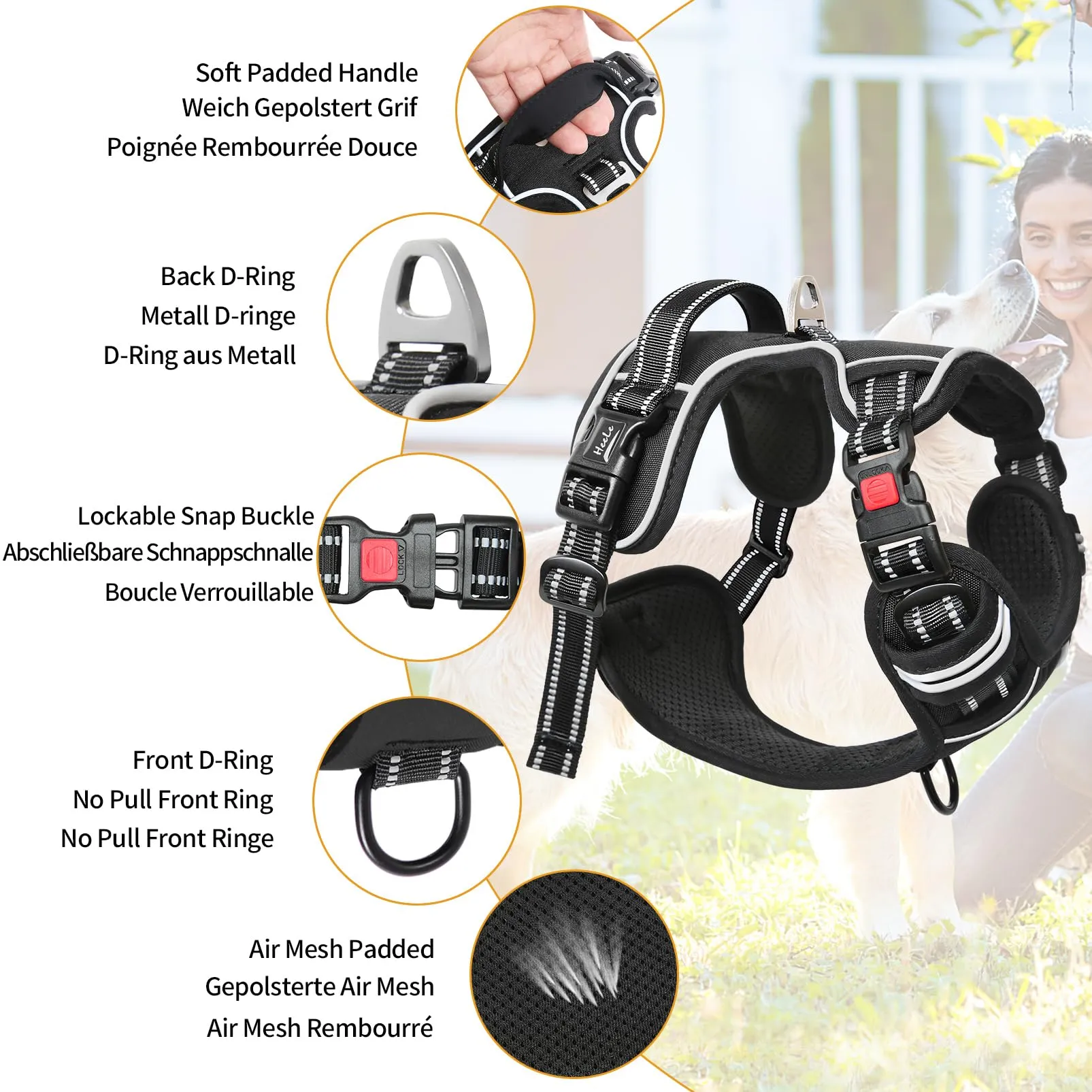 HEELE Pettorina Cane No-Pull Regolabile, Nero-Serratura, L - immagine 3