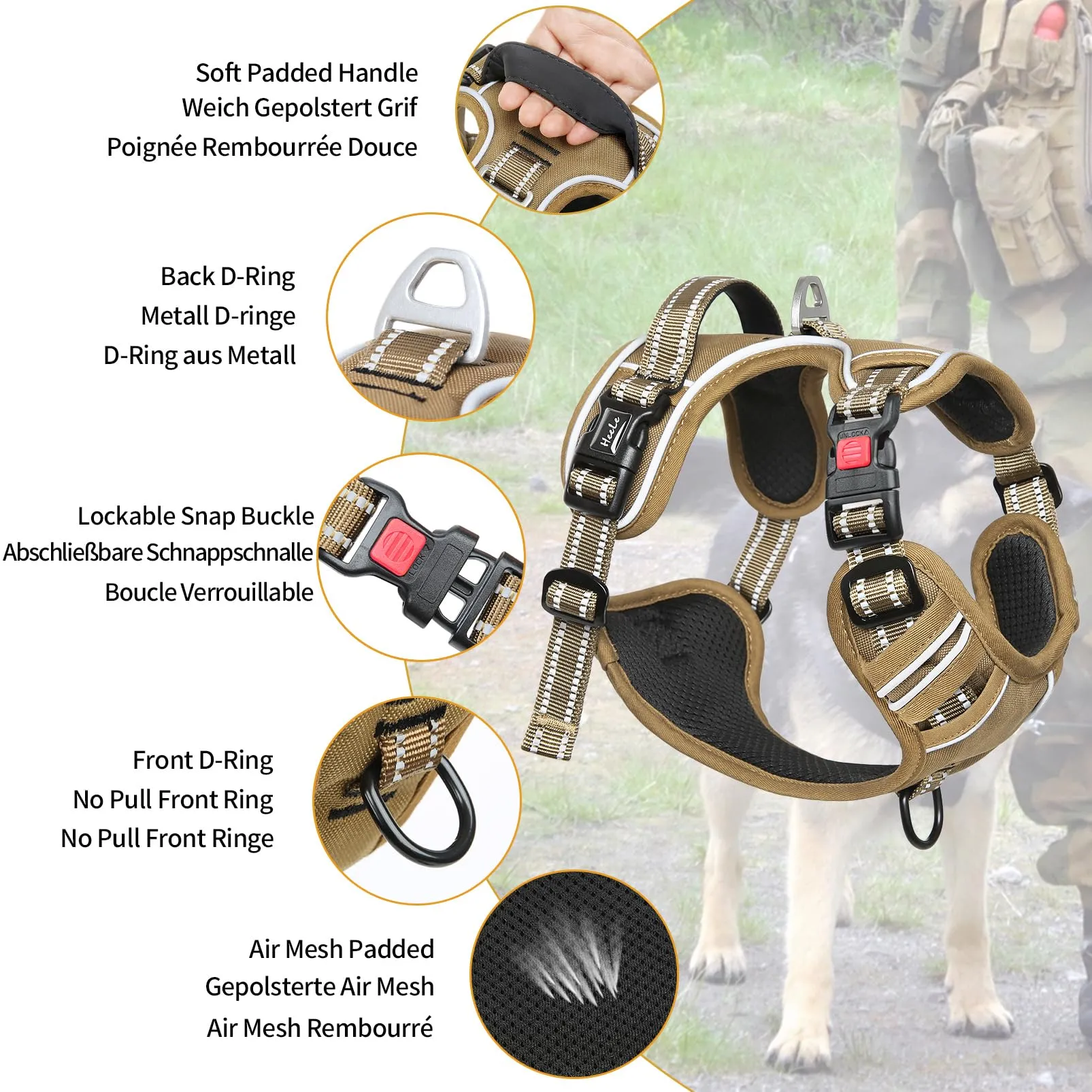 HEELE Pettorina Cane No-Pull Regolabile Riflettente, Marrone-Serratura, XL - immagine 3