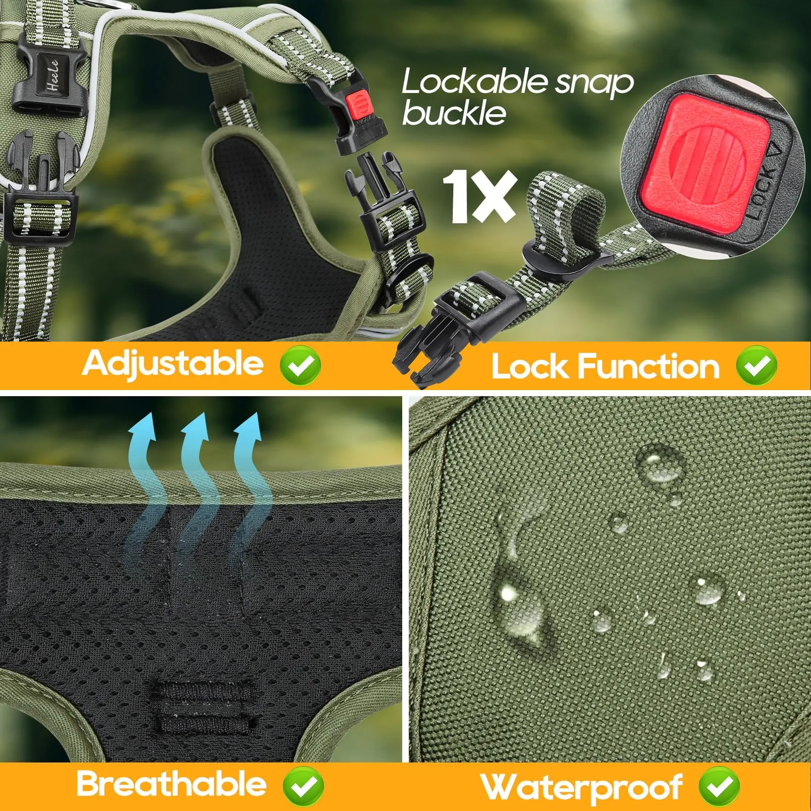 HEELE Pettorina Cane No-Pull Regolabile Riflettente, Verde-Serratura, XL - immagine 6