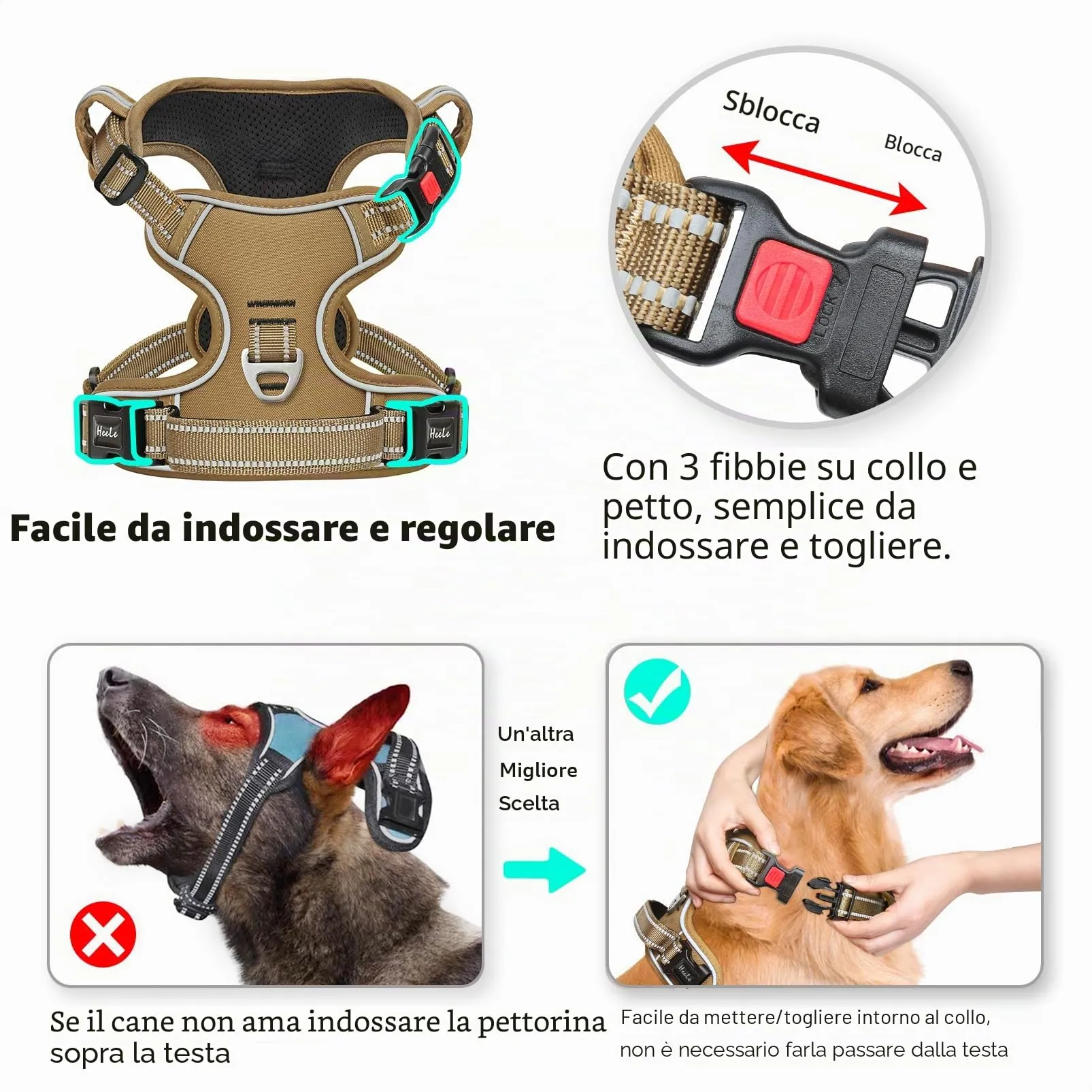 HEELE Pettorina Cane No-Pull Regolabile Riflettente, Marrone-Serratura, S - immagine 3