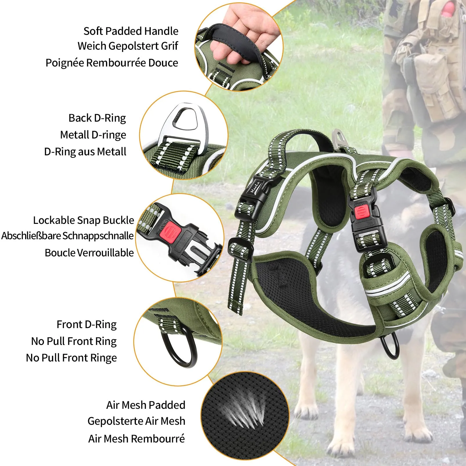 HEELE Pettorina Cane No-Pull Regolabile Riflettente, Verde-Serratura, L - immagine 4