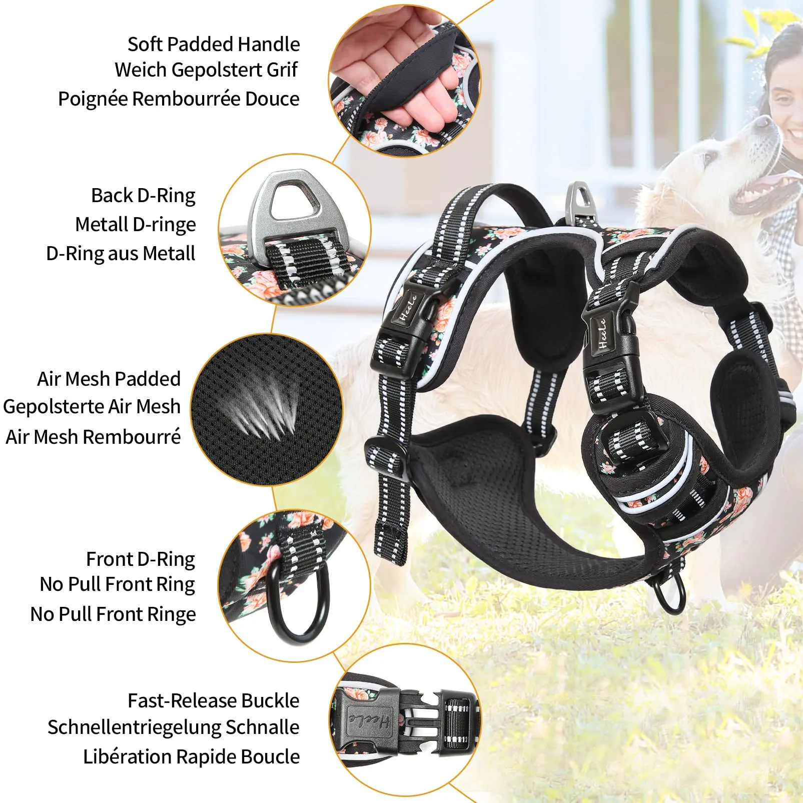 HEELE Pettorina Cane Anti-tiro Riflettente e Regolabile, Imbracatura con Sgancio Rapido dal Collo e Maniglia, Morbida e Imbottita, Floral-Nero XS - immagine 4